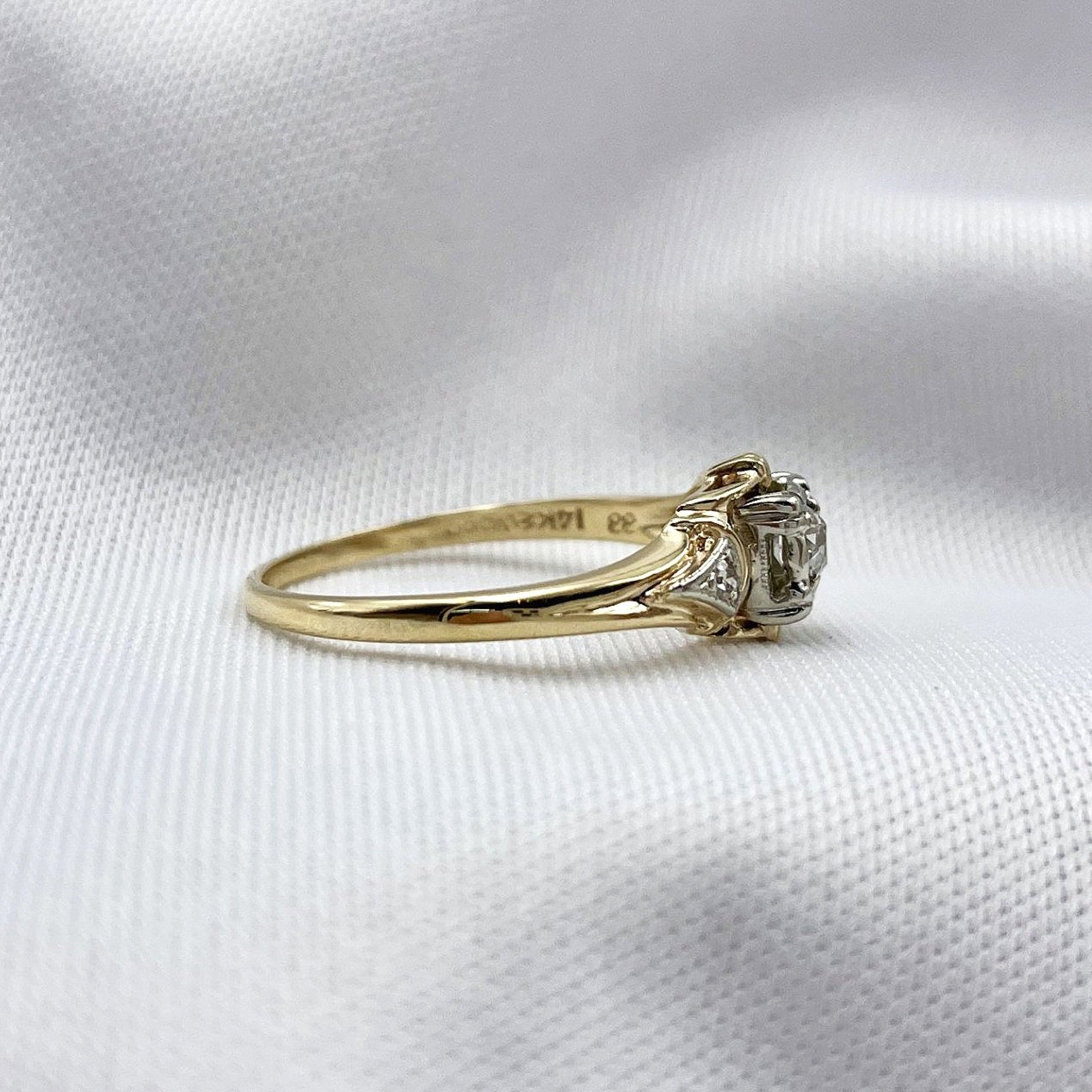 side view white background .18ctw Vintage A+ Old Mine Cut Diamond Ladies Ring 14k Yellow Gold