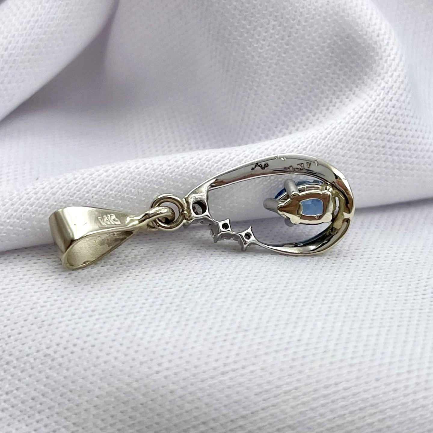 back view white background 14k White Gold Drop Pendant Pear Aquamarine With Diamonds Accents