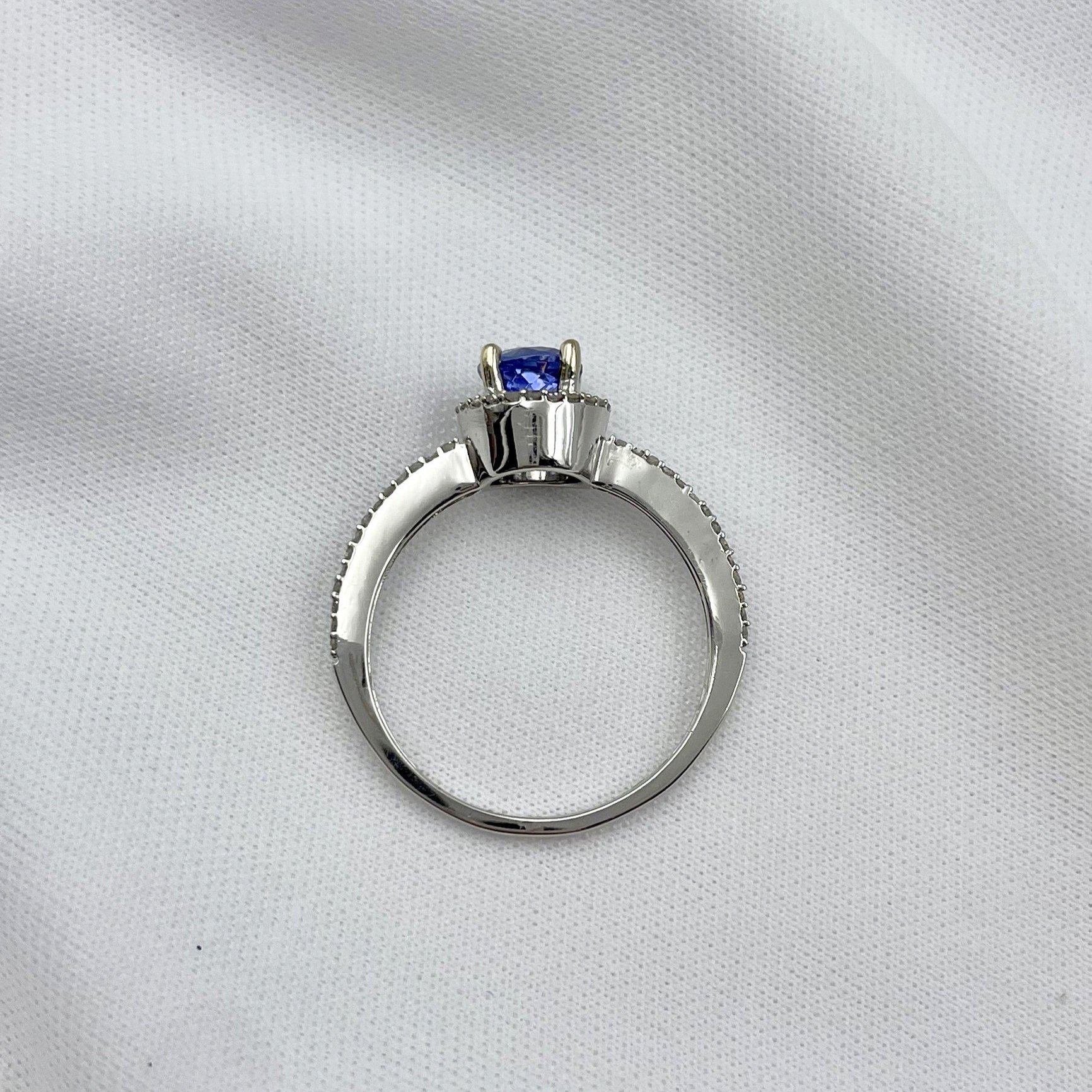 top down gallery view Tanzanite With Diamond Halo Diamond Band Ladies 14k White Gold Ring