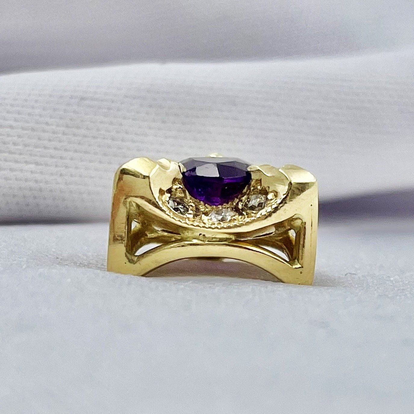 side view white background 14k Yellow Gold Modified Trillion Cut Amethyst With Diamond Accents Pendant