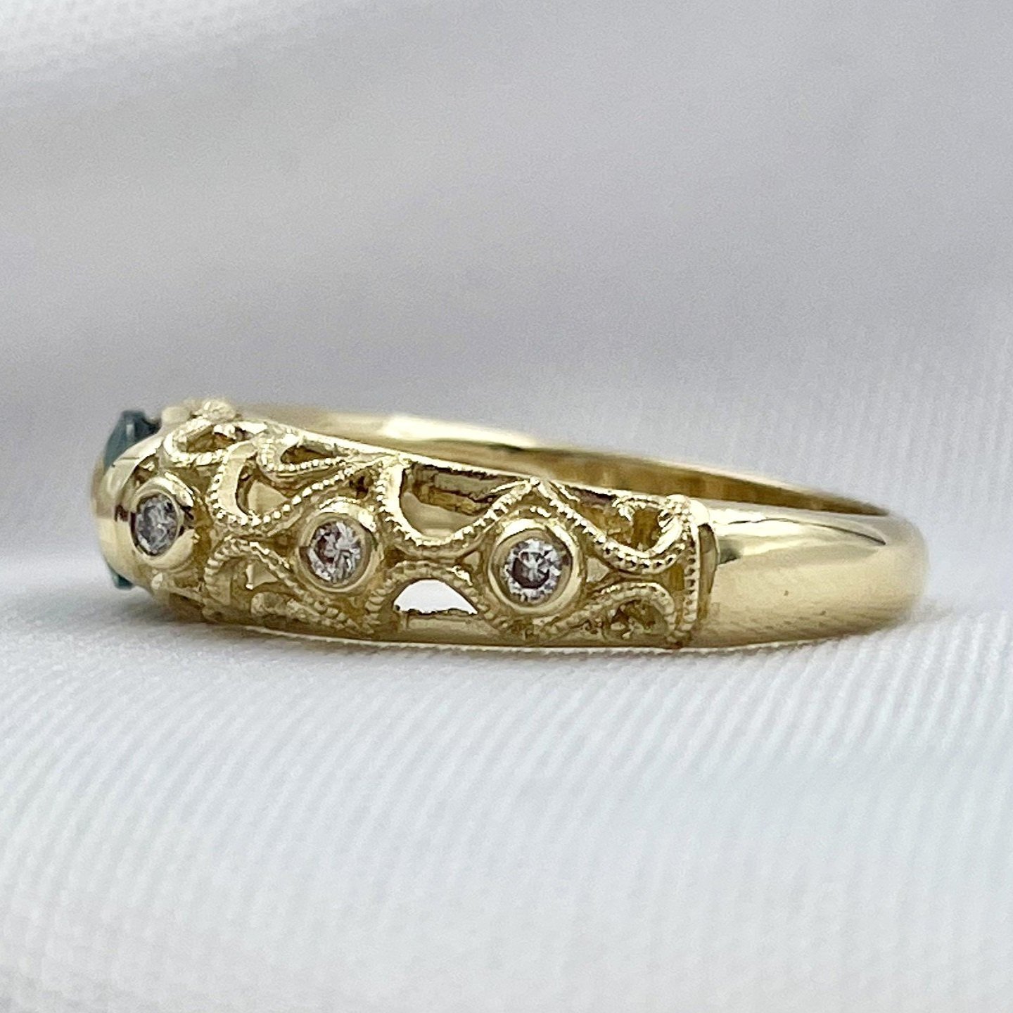 side view white background .66ct Oval Alexandrite With Diamond Accents Vintage Inspired Ring 14k Yellow Gold