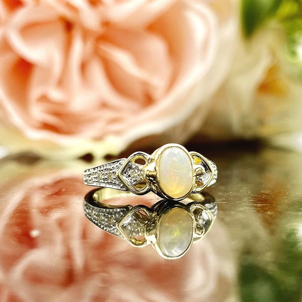 10k Yellow Gold Bezel Set Oval Opal With Diamonds Ladies Ring