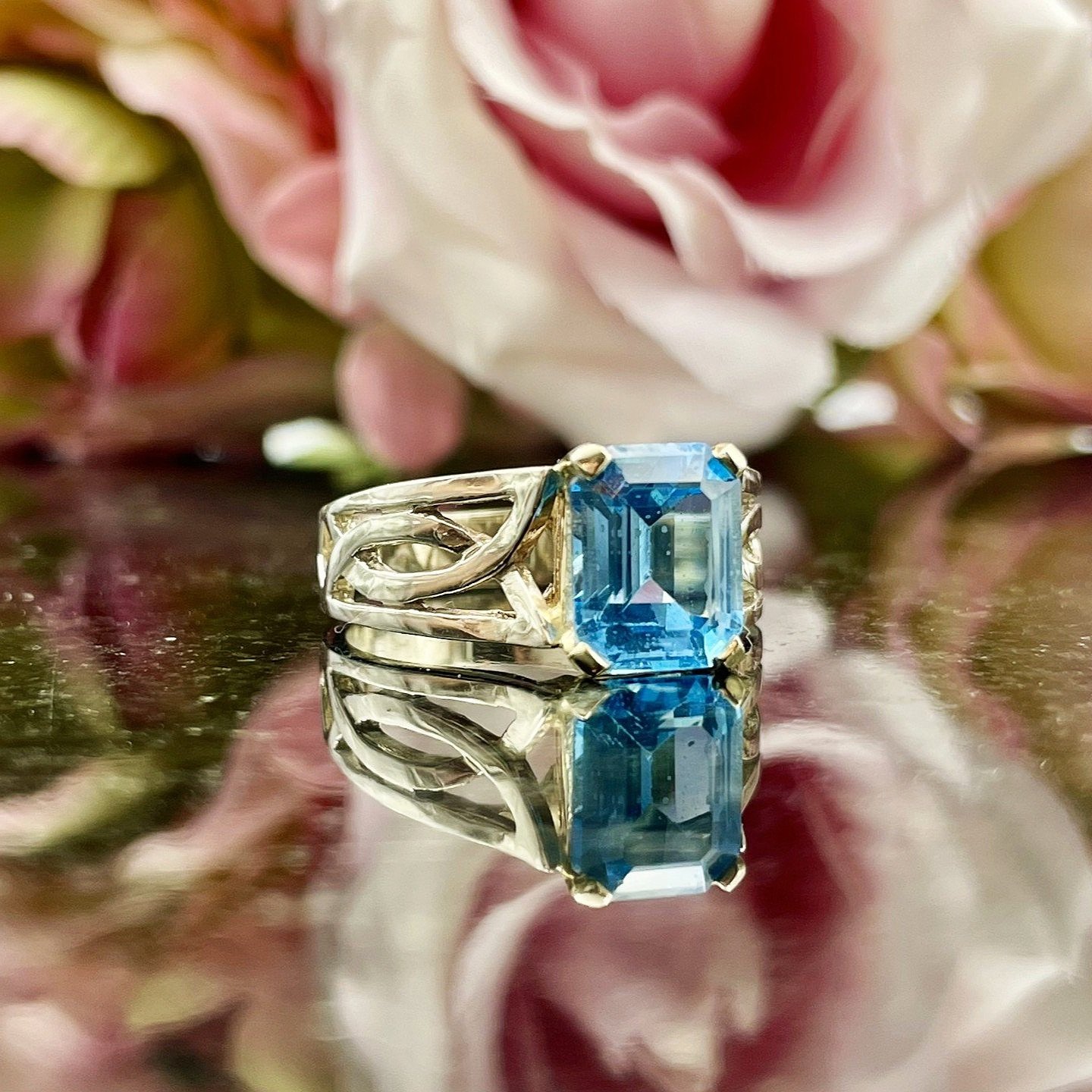 14k White Gold Celtic Knot Inspired Blue Topaz Ladies Ring