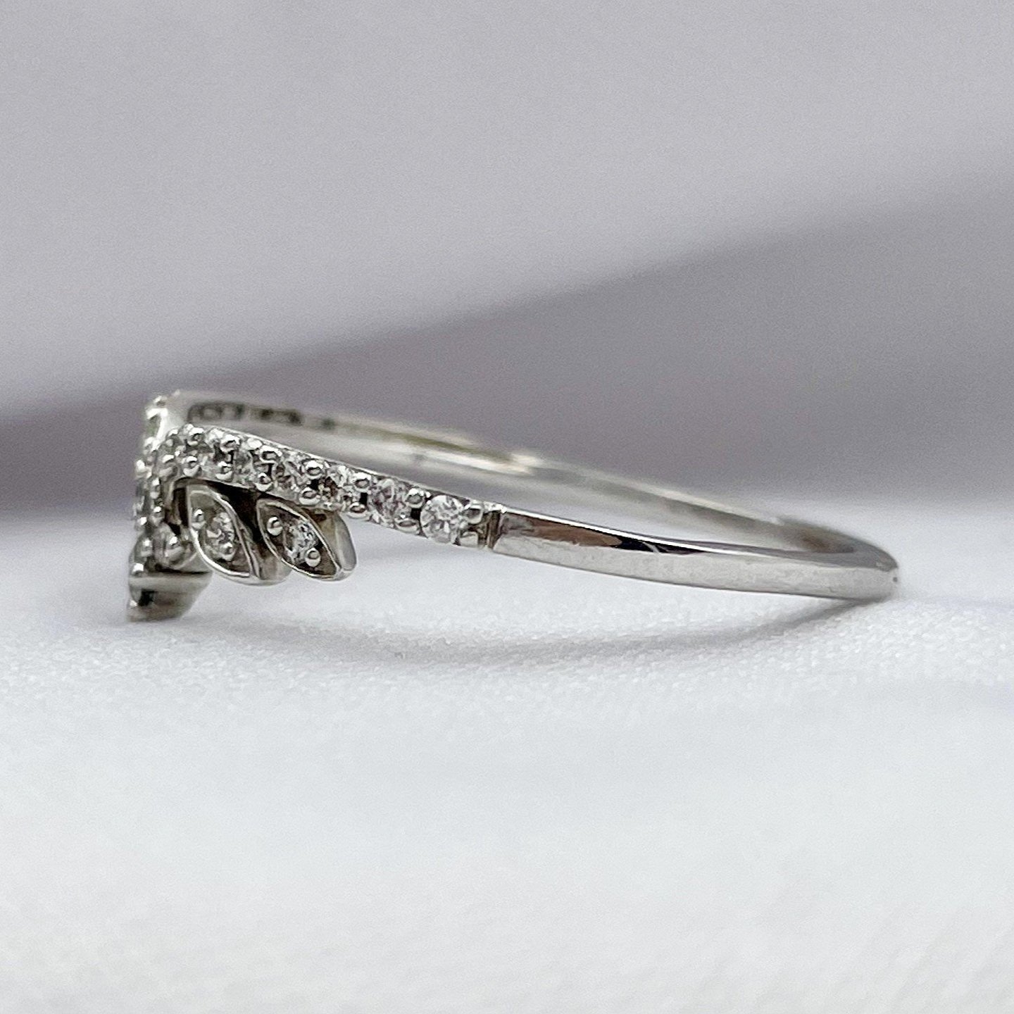 side view white background .15ctw A+ Diamond Floral Wrap Stackable Band 14k White Gold