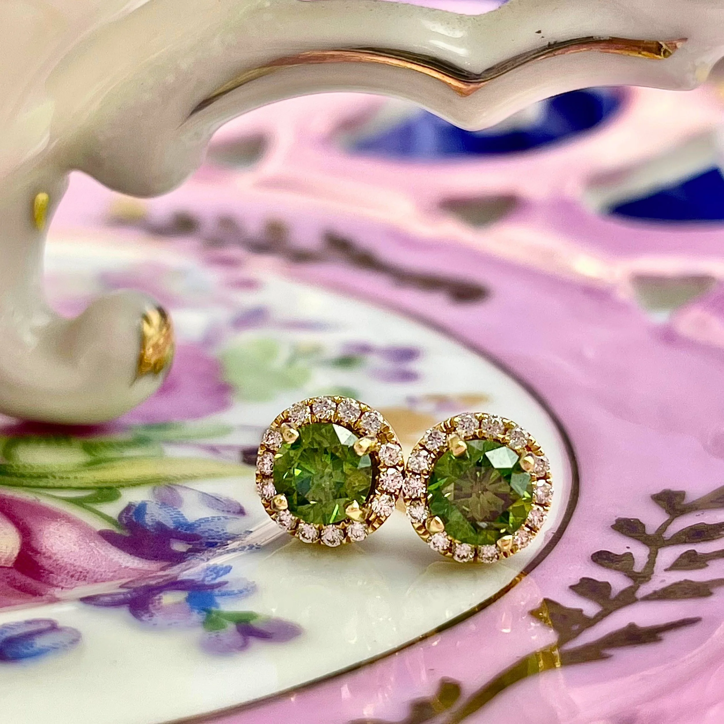 1.04ctw Enhanced Green Diamonds With .20ctw White Diamond Halo Stud Earrings 14k Yellow Gold