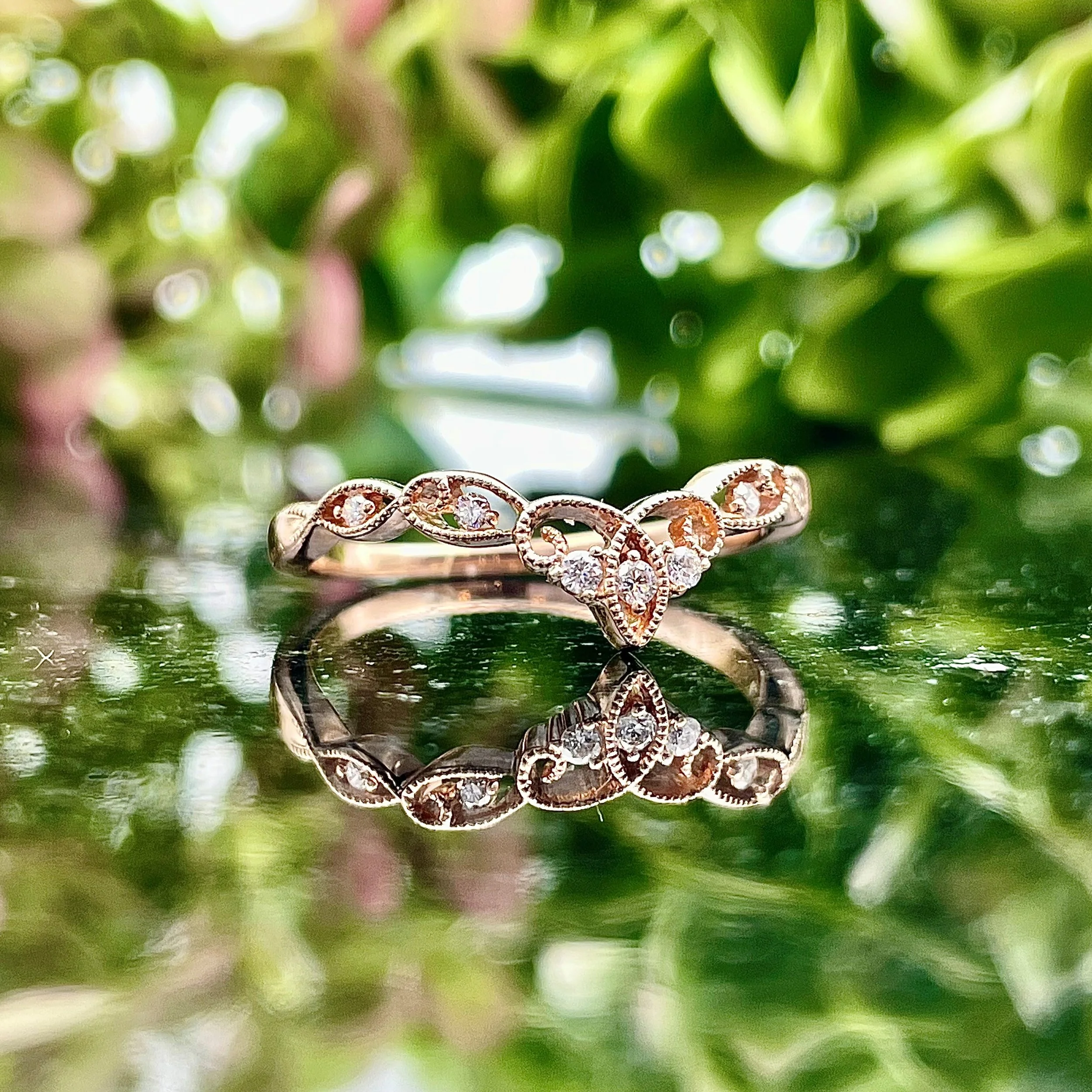 14k Rose Gold 1/10ctw Filigree V Wrap Wedding Band
