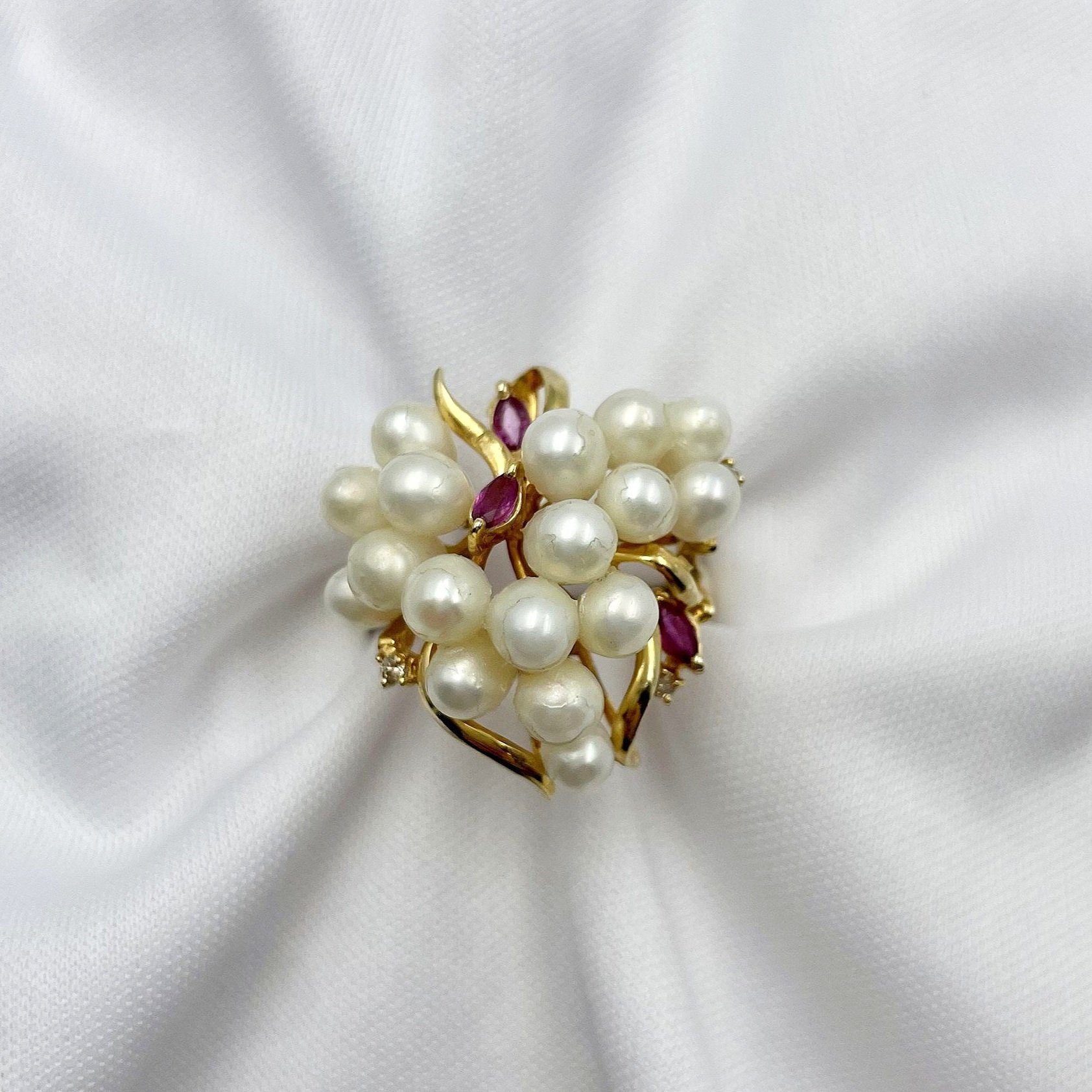 top down white background 14k Yellow Gold Freshwater Pearl Cluster Ring With Ruby And Diamond Accents