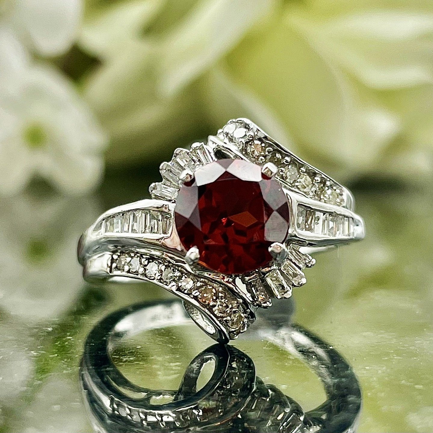 10k White Gold 7.0mm Garnet With Diamond Accents Faux Bypass Style Ring