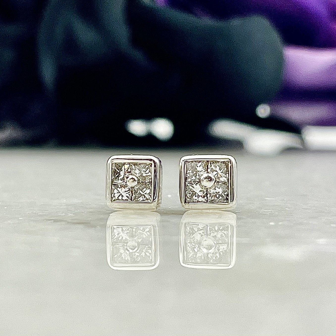 1/3ctw Princess Cut Cluster Set Diamond Earrings 14k White Gold