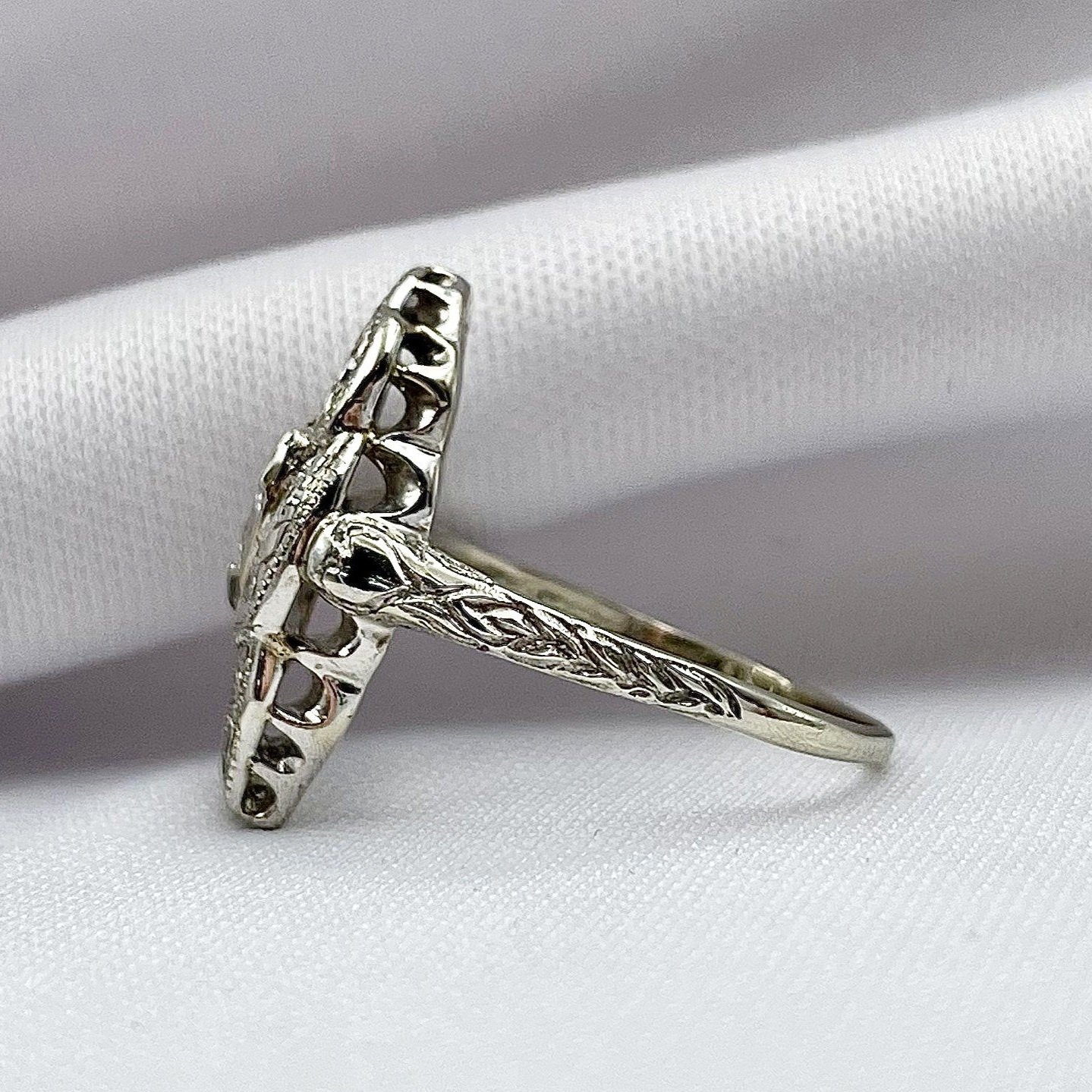 side view white background 1/3ctw Estate Marquise Diamond Ring 14k white gold