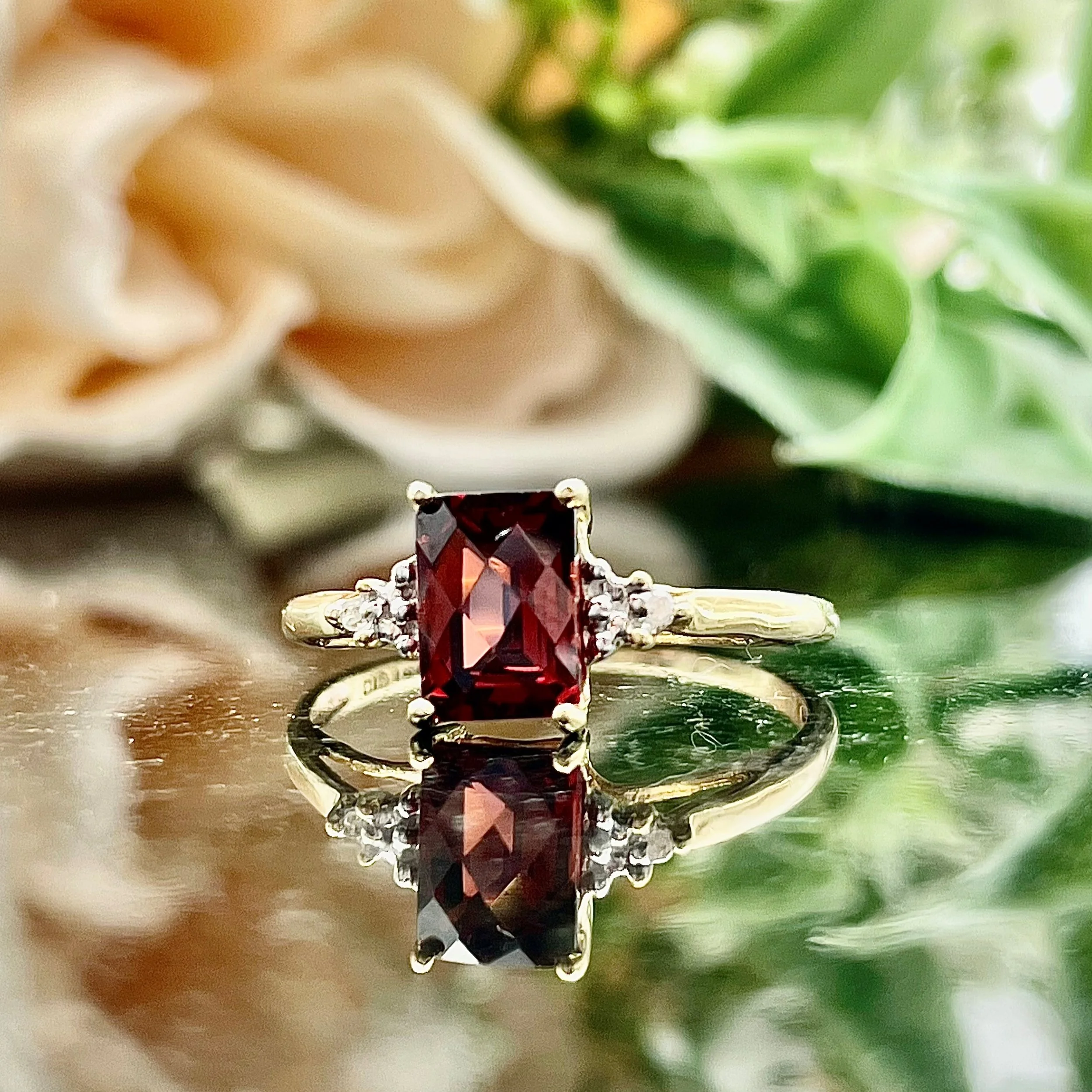 10k Yellow Gold Checkerboard Cut Garnet With Diamond Accents Ladies Ring
