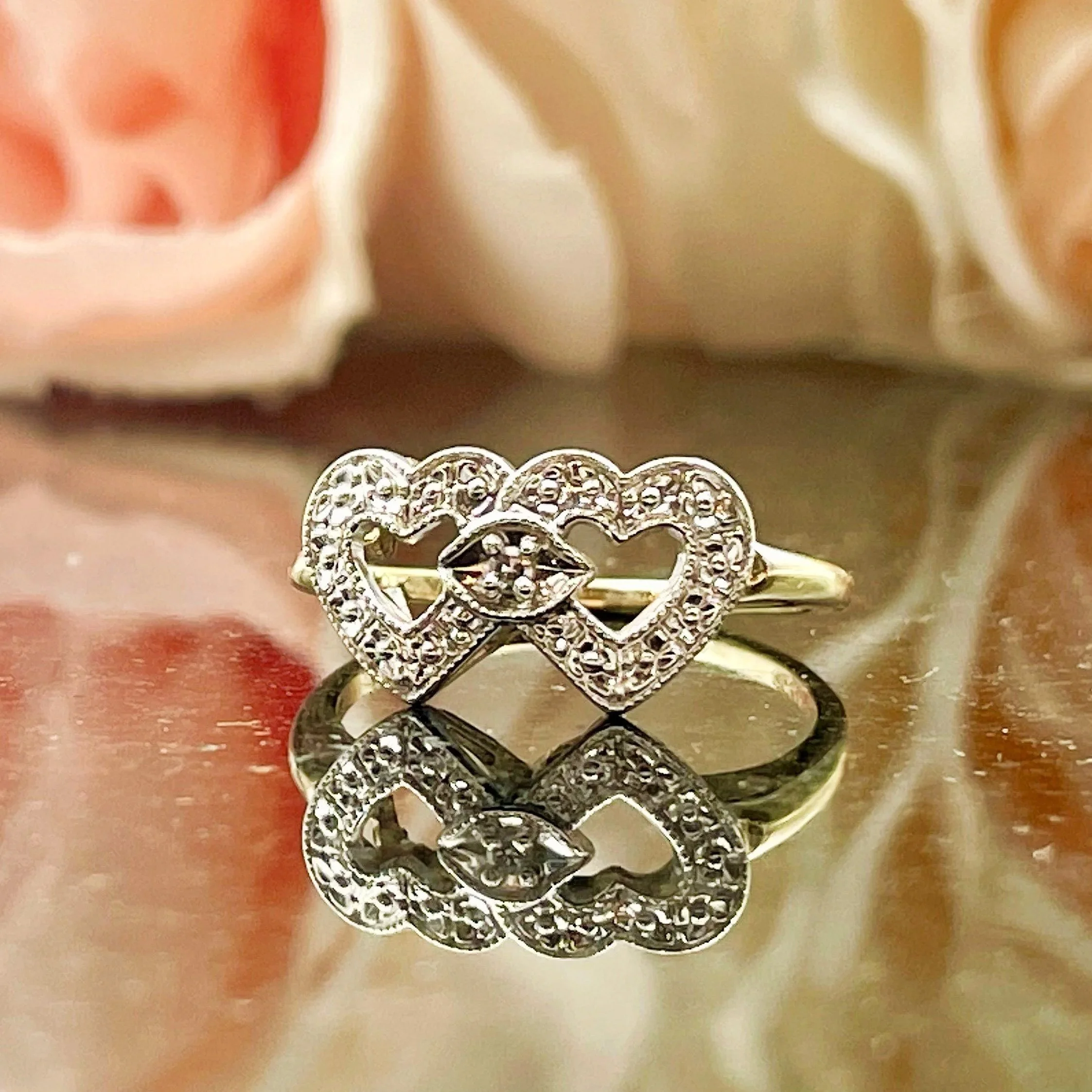 10k Yellow Gold Double Heart Diamond Accent Ladies Promise Ring