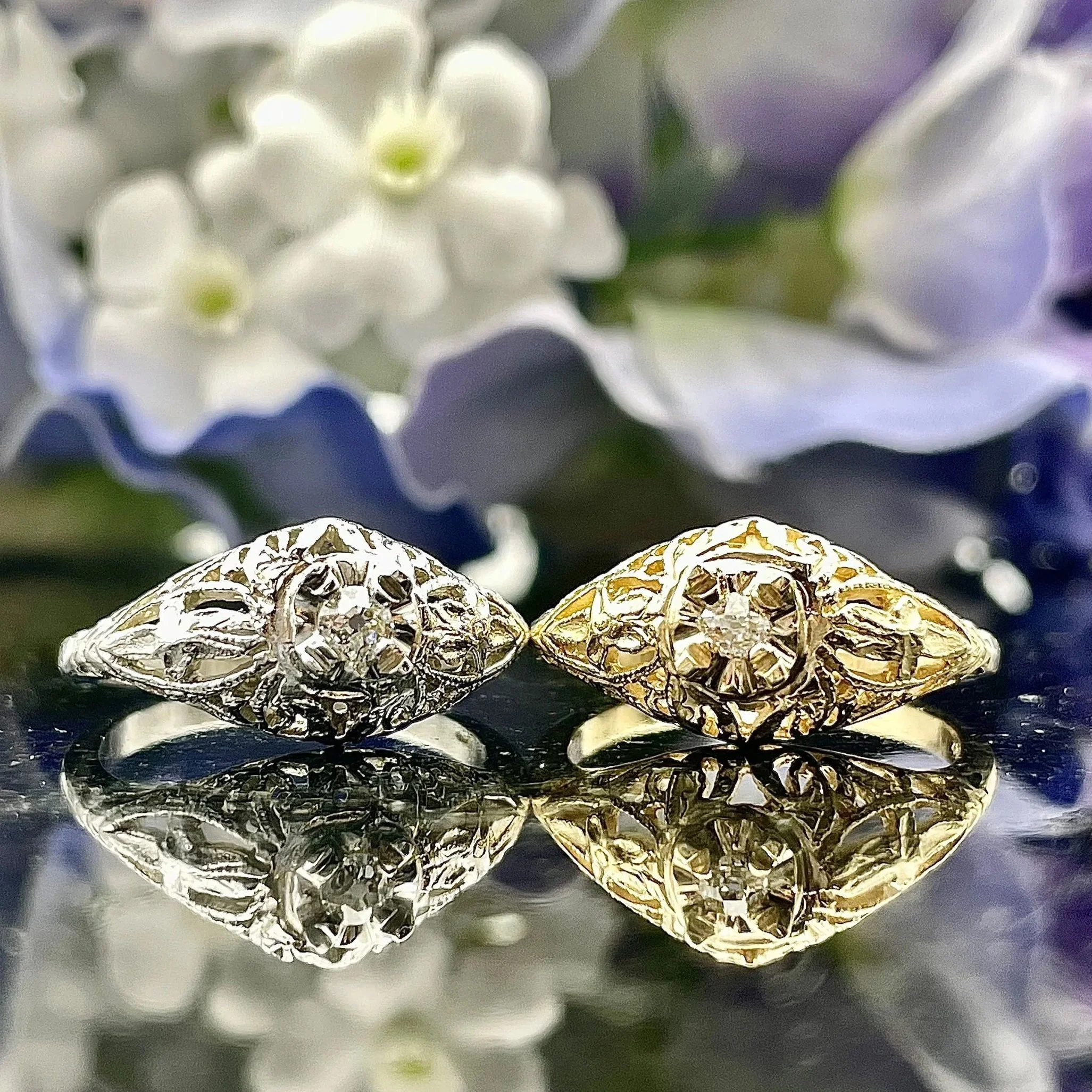 14K White Gold Vintage Inspired Old Mine Cut Diamond Ladies Ring