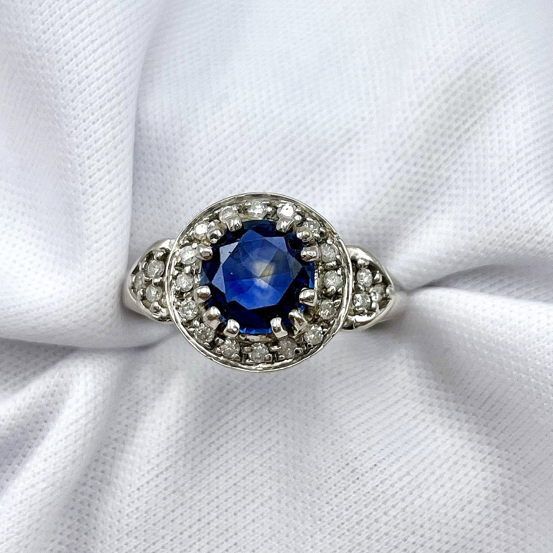top down view white background 14k White Gold 1.37ct Sapphire With Diamonds Vintage Inspired Ladies Ring