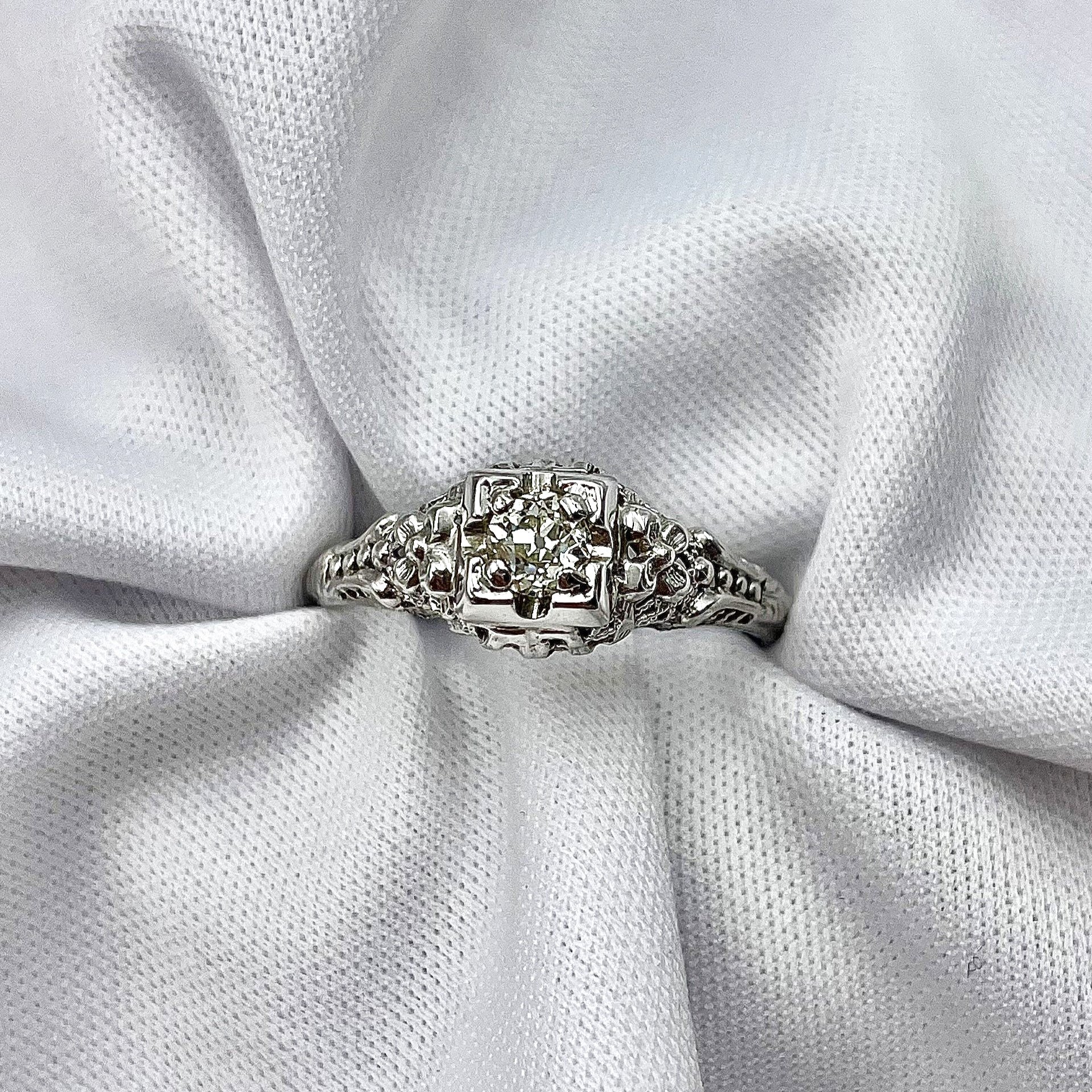 top down white background .31ct Old Mine Cut Floral Estate Diamond Ring 18k White Gold