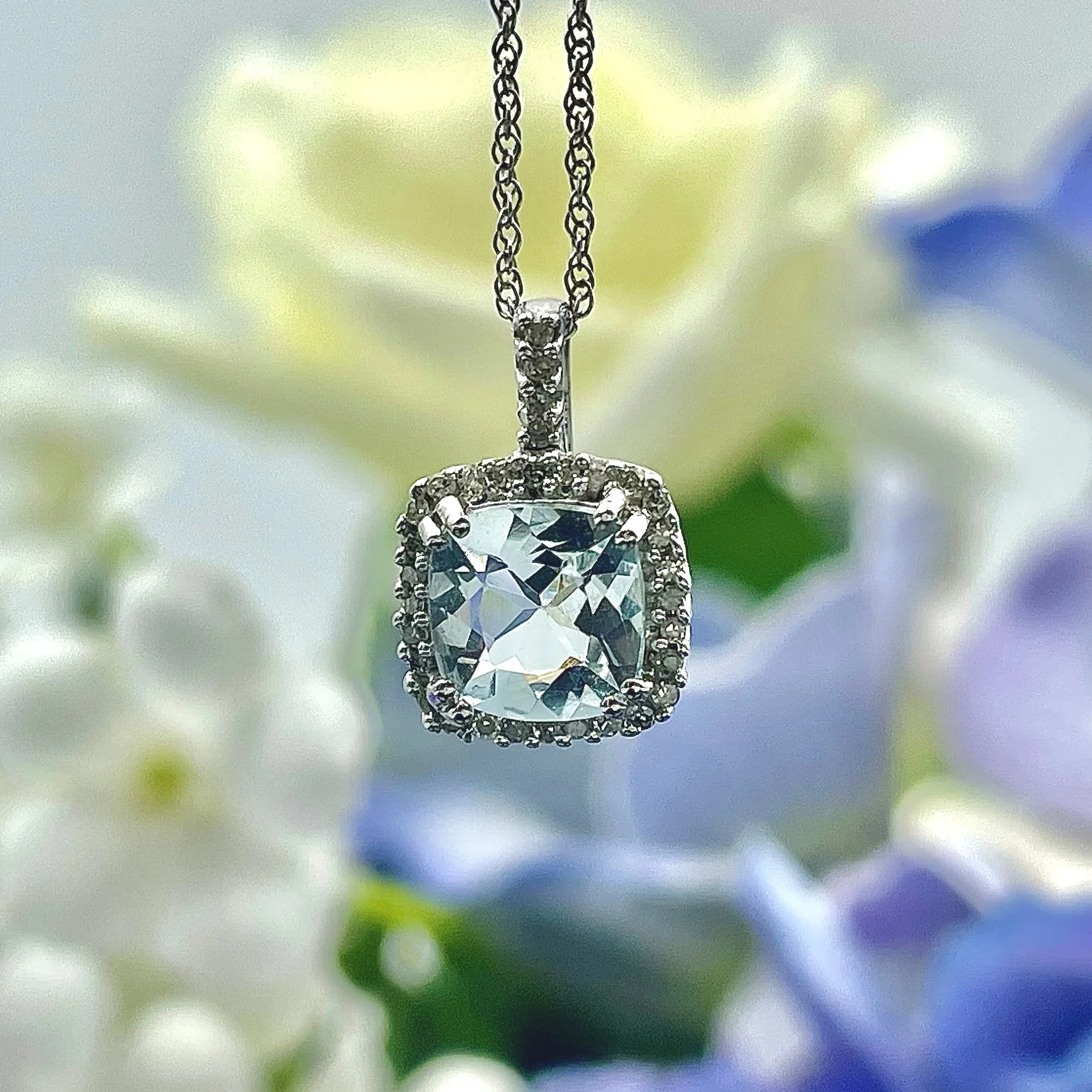 10k White Gold Cushion Cut Aquamarine With Diamond Halo Pendant - Warren Jewelers