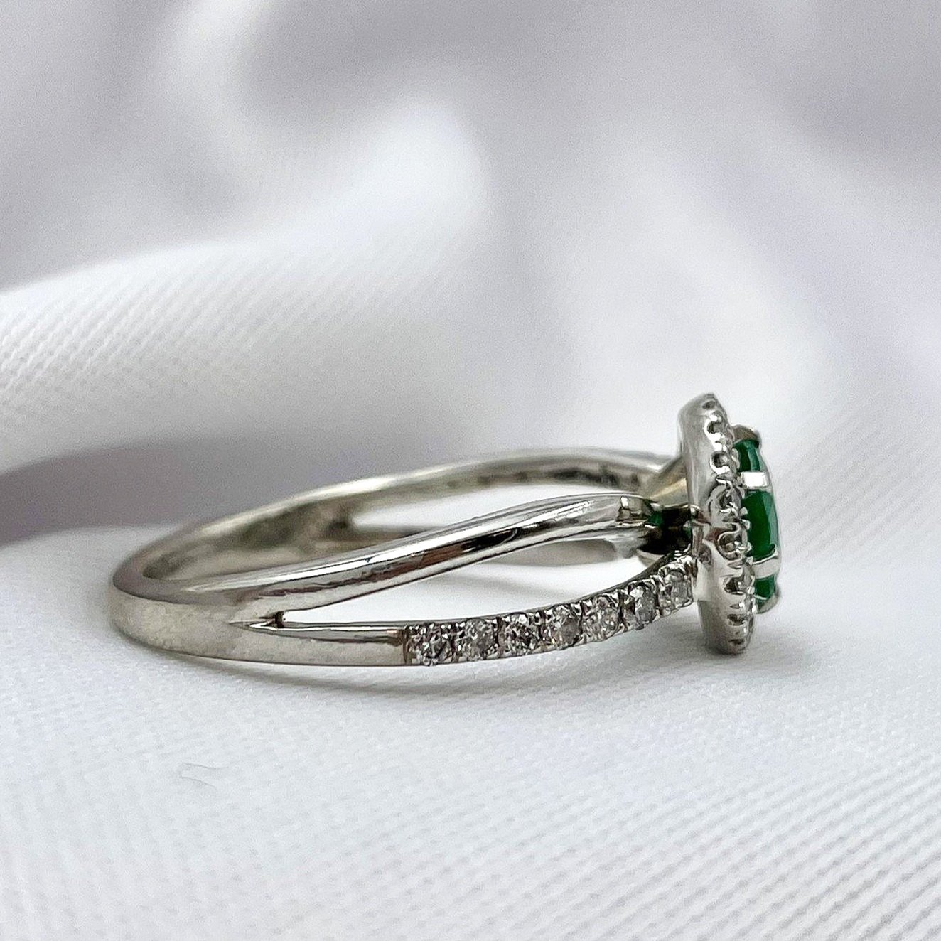 side view white background .67ct Emerald With 1/3ctw Diamonds Halo Split Shoulder 14k White Gold Ring
