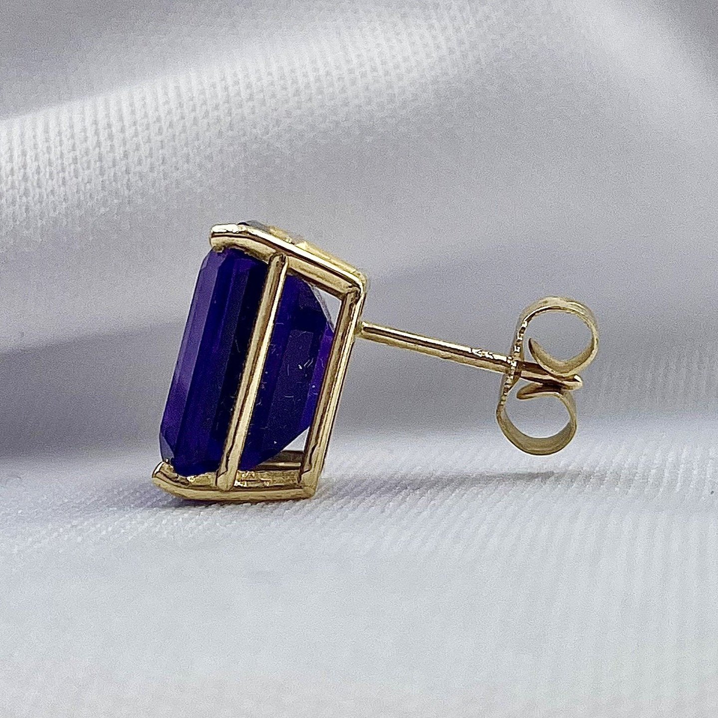 side view white background 14k Yellow Gold Emerald Cut Amethyst Stud Earrings