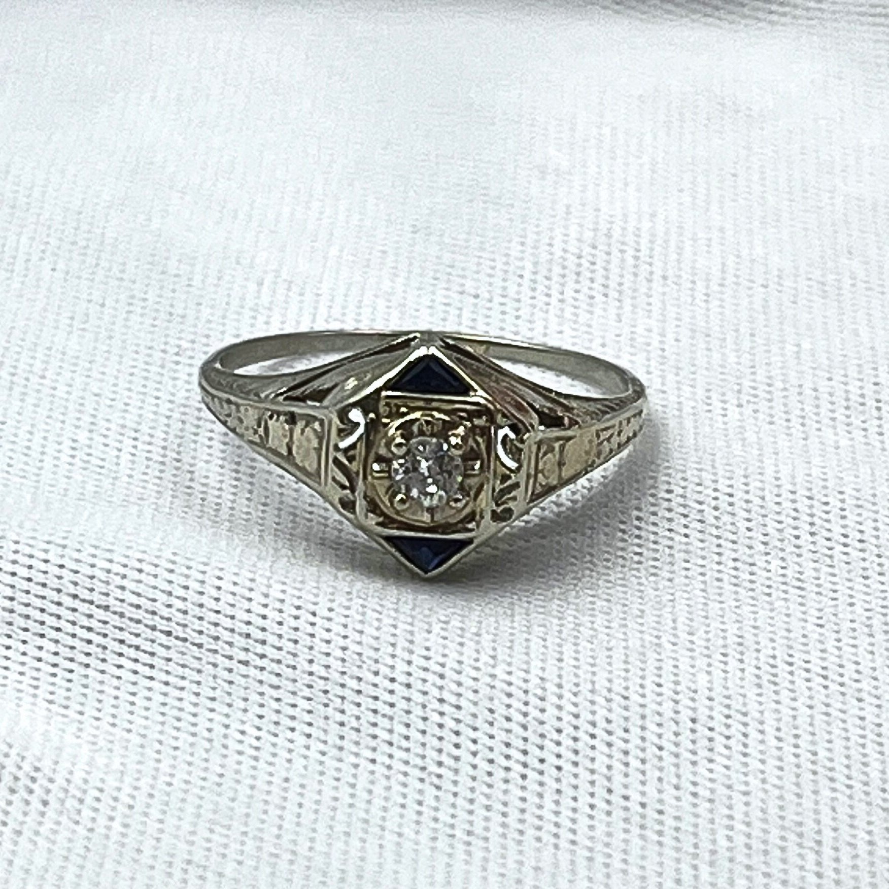 .10ct Old Mine Cut Diamond With Triangle Cut Sapphire Accents Estate Ring 14k White Gold