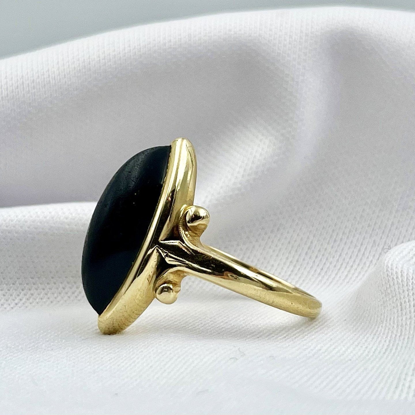 side view white background Estate 14k Yellow Gold Marquise Cut Black Coral Ladies Ring
