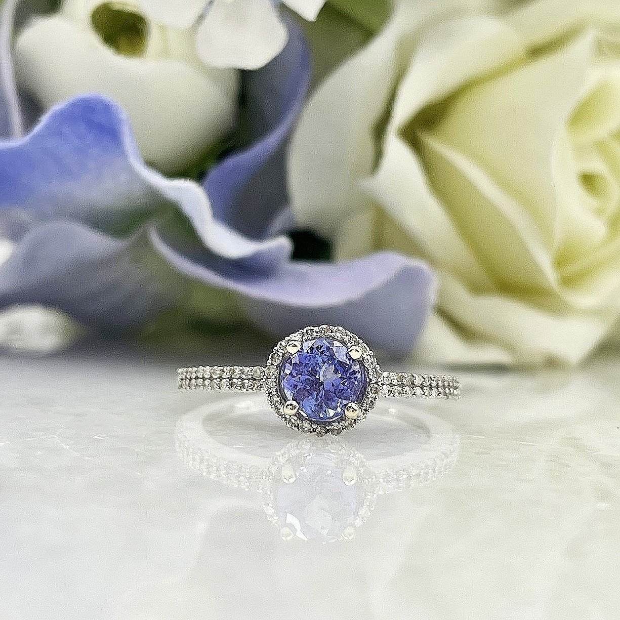 Tanzanite With Diamond Halo Diamond Band Ladies 14k White Gold Ring