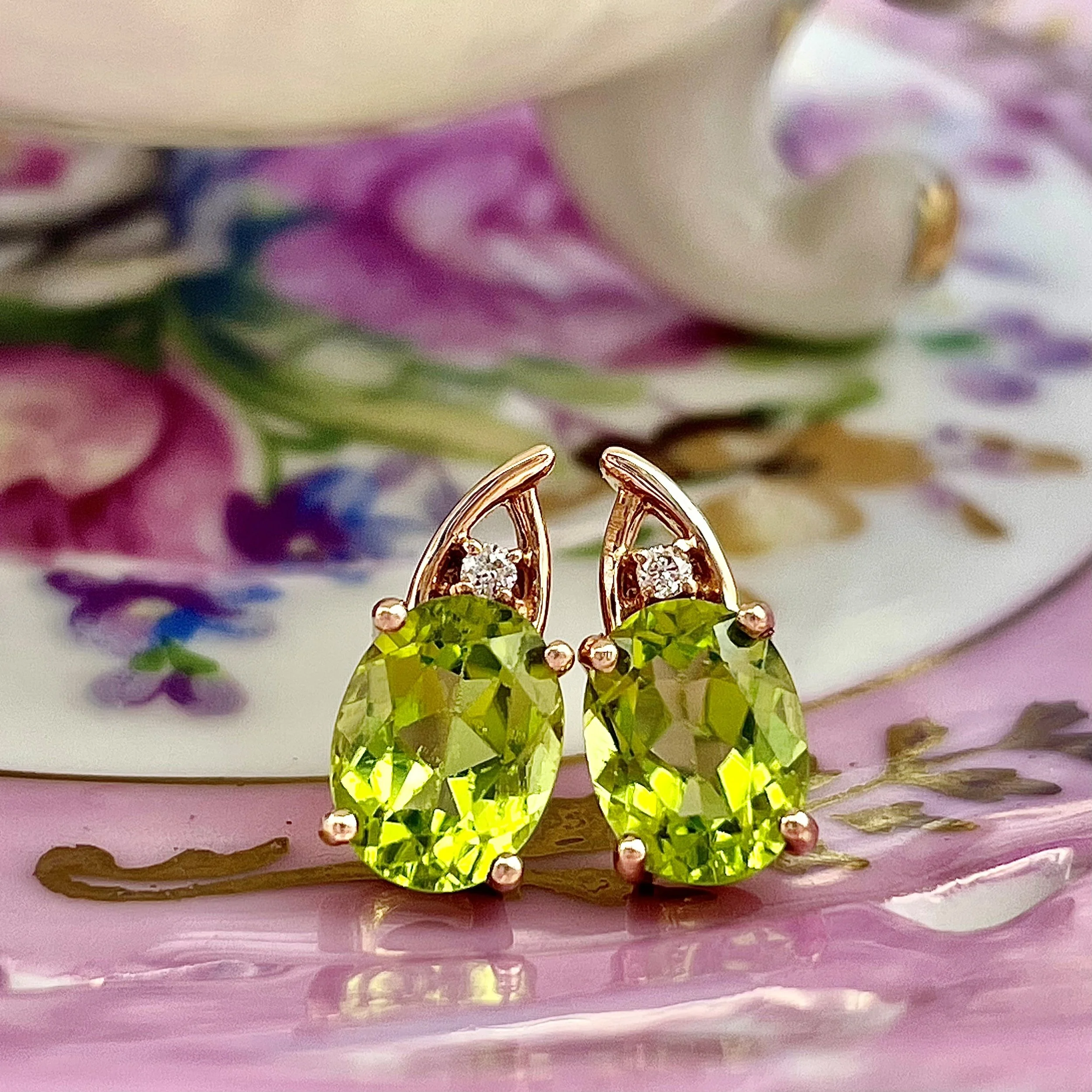 3.01ctw Oval Peridot With .02ctw A+ Diamond Accents Drop Studs 14k Rose