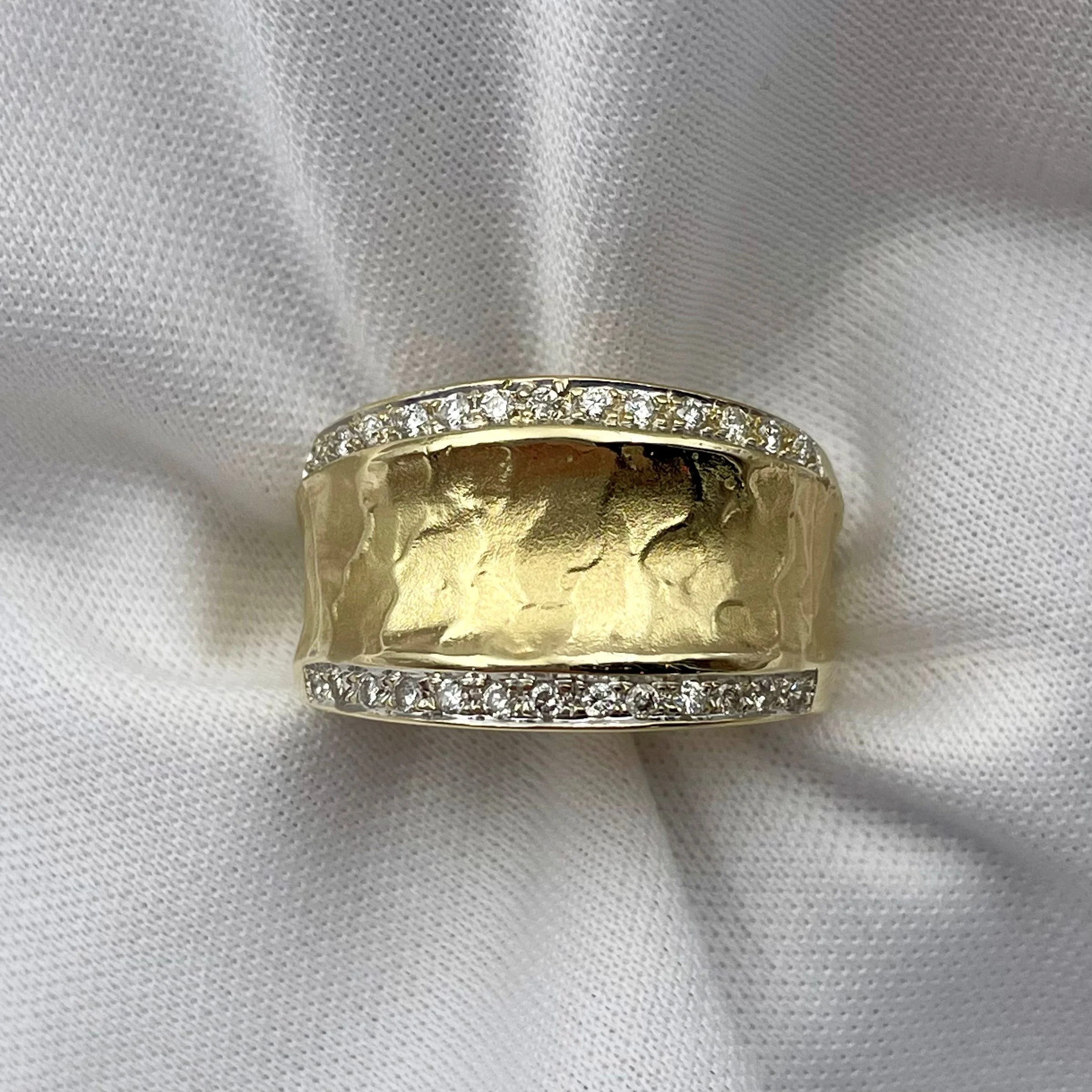 top down view of 14k Yellow Gold .15ctw Diamond Accents Fancy Wide Fashion Band Unique Ladies Ring with white background