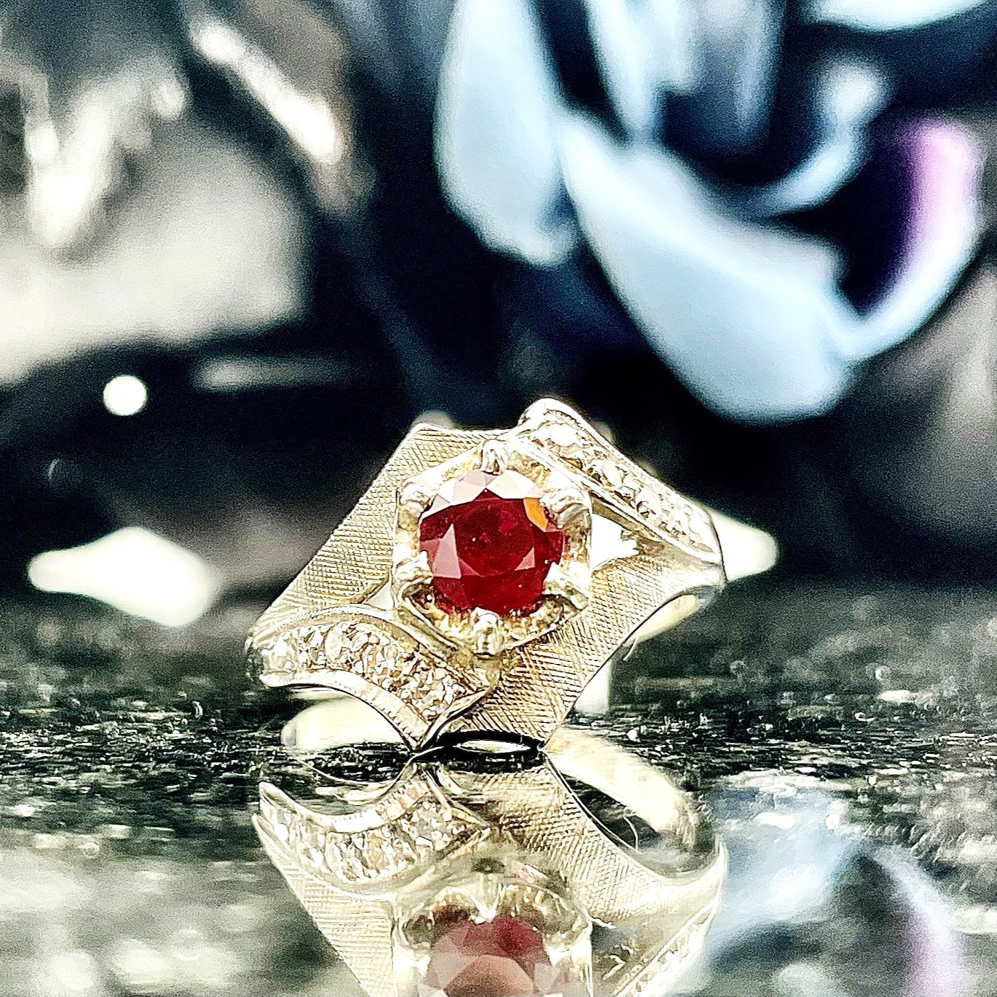 14k White Gold Estate .66ct Ruby With 1/4ctw Diamond Accents Ladies Ring