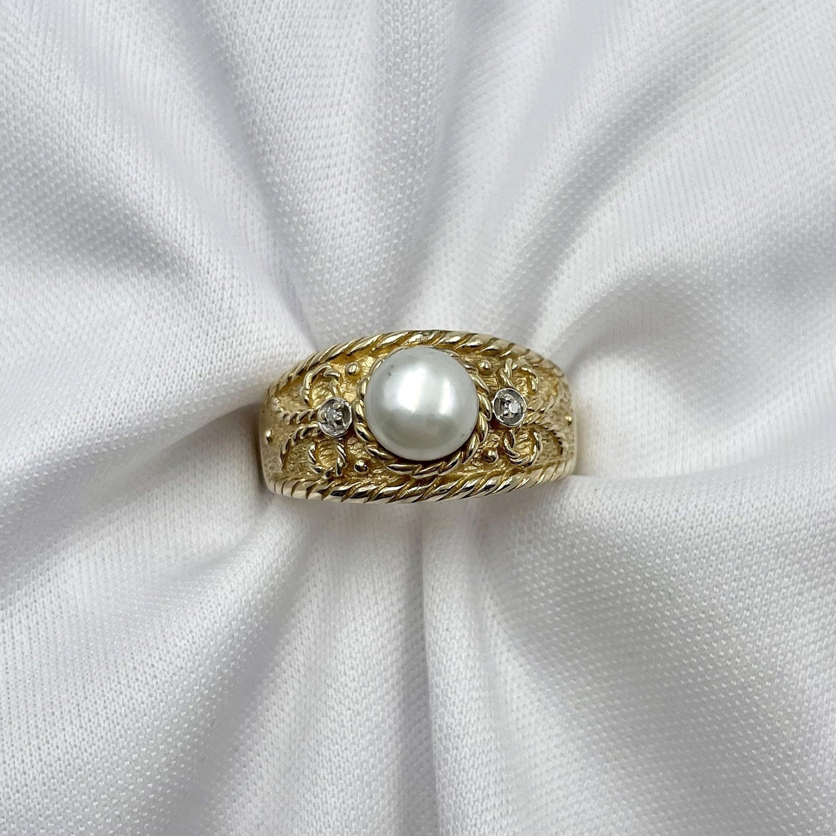 top down view with white background Freshwater Pearl And Diamond Engraved 14k Yellow Gold Ladies Ring