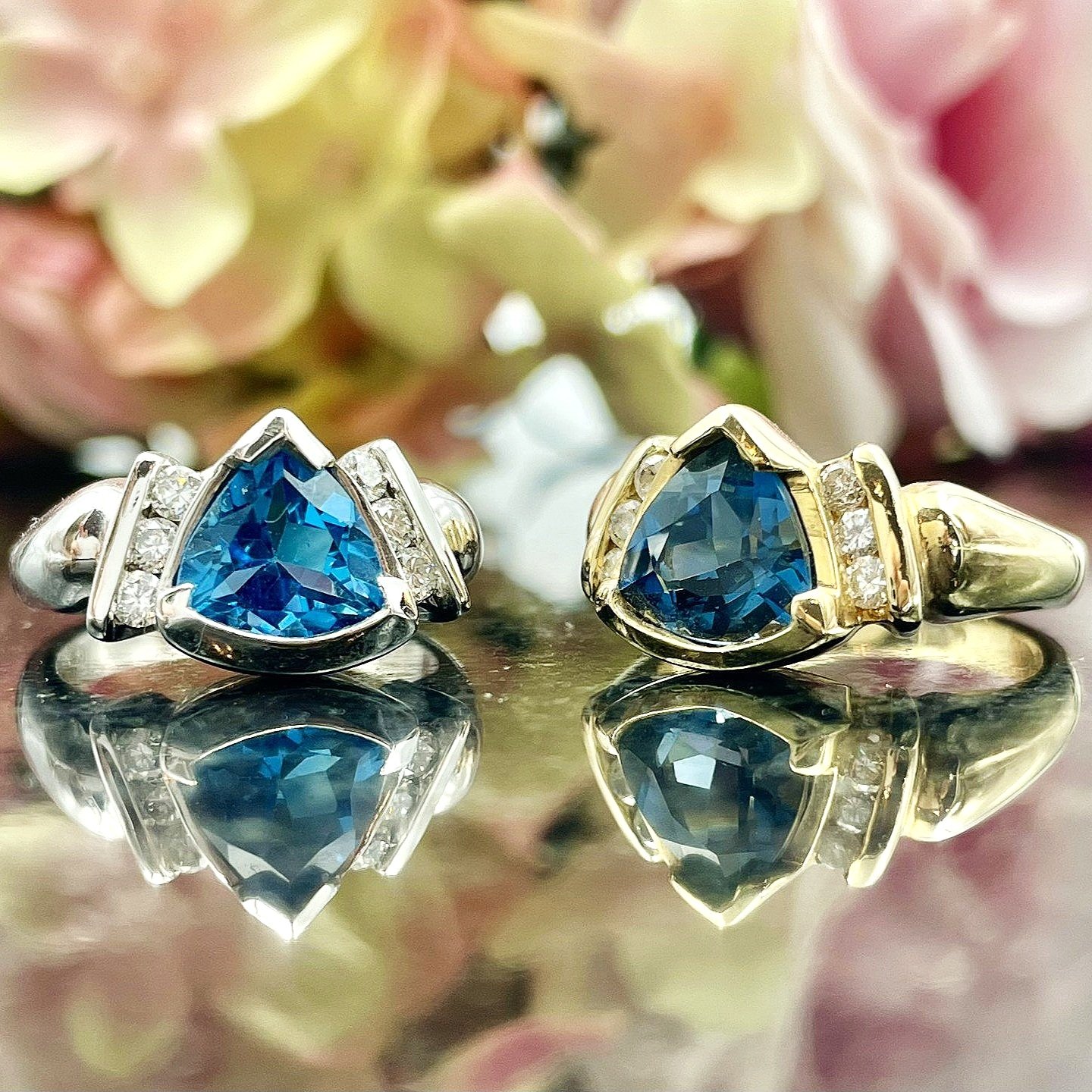Trillion Cut Blue Topaz With Diamond Accents Ladies Ring 14k Yellow Or White Gold