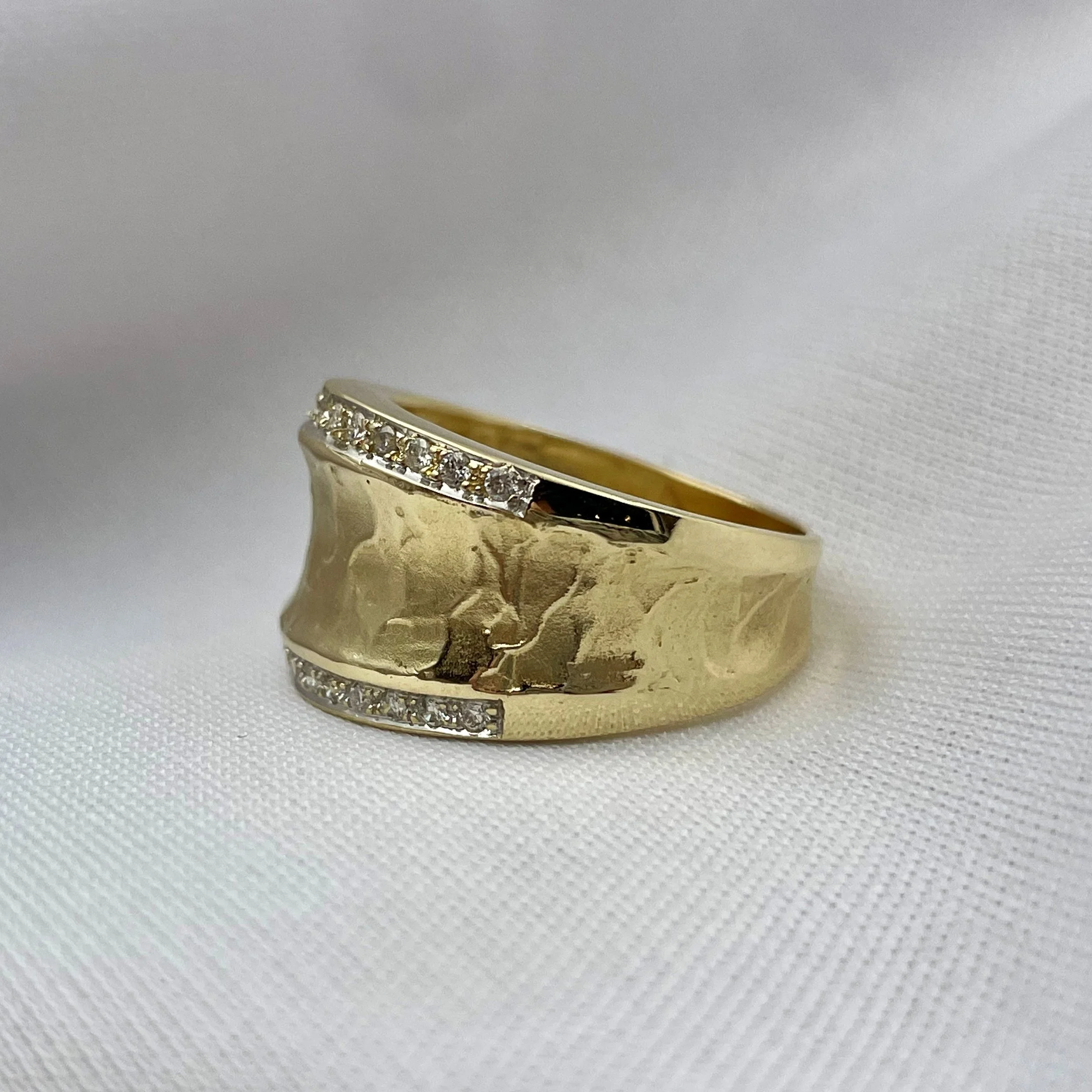 side view of 14k Yellow Gold .15ctw Diamond Accents Fancy Wide Fashion Band Unique Ladies Ring with white background