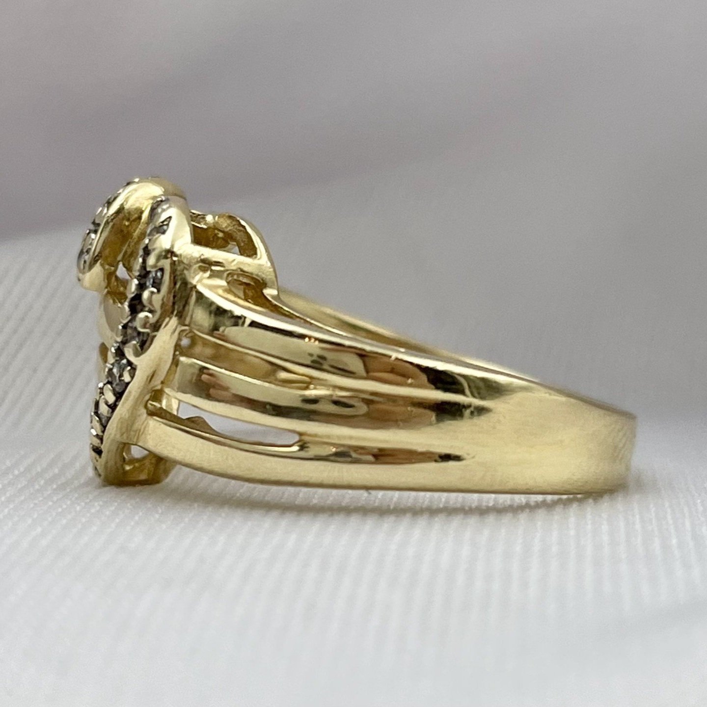 side view white background 1/10ctw Diamond Heart Wide Band Ladies 14k Yellow Gold Ring
