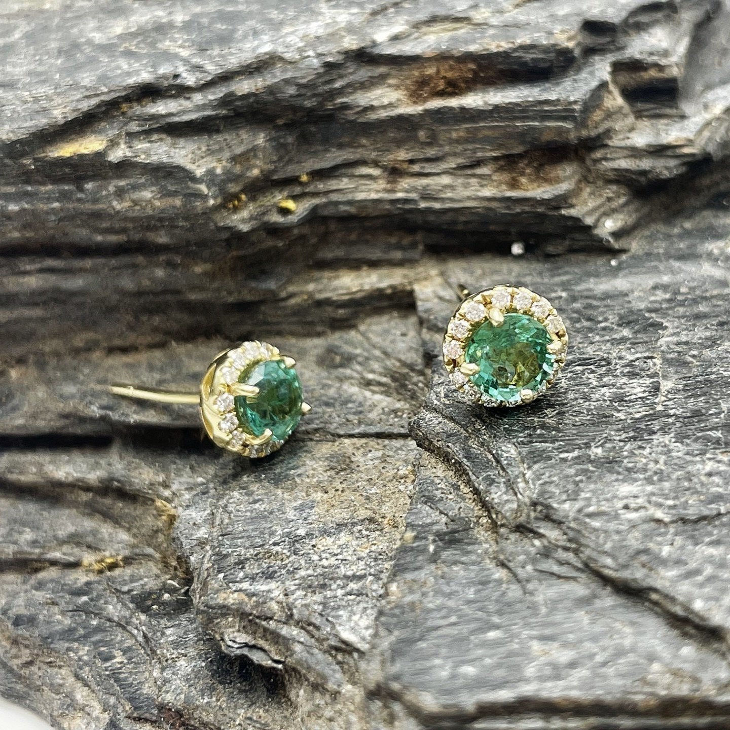 14k Yellow Gold .93ctw Emerald and Diamond Halo Studs