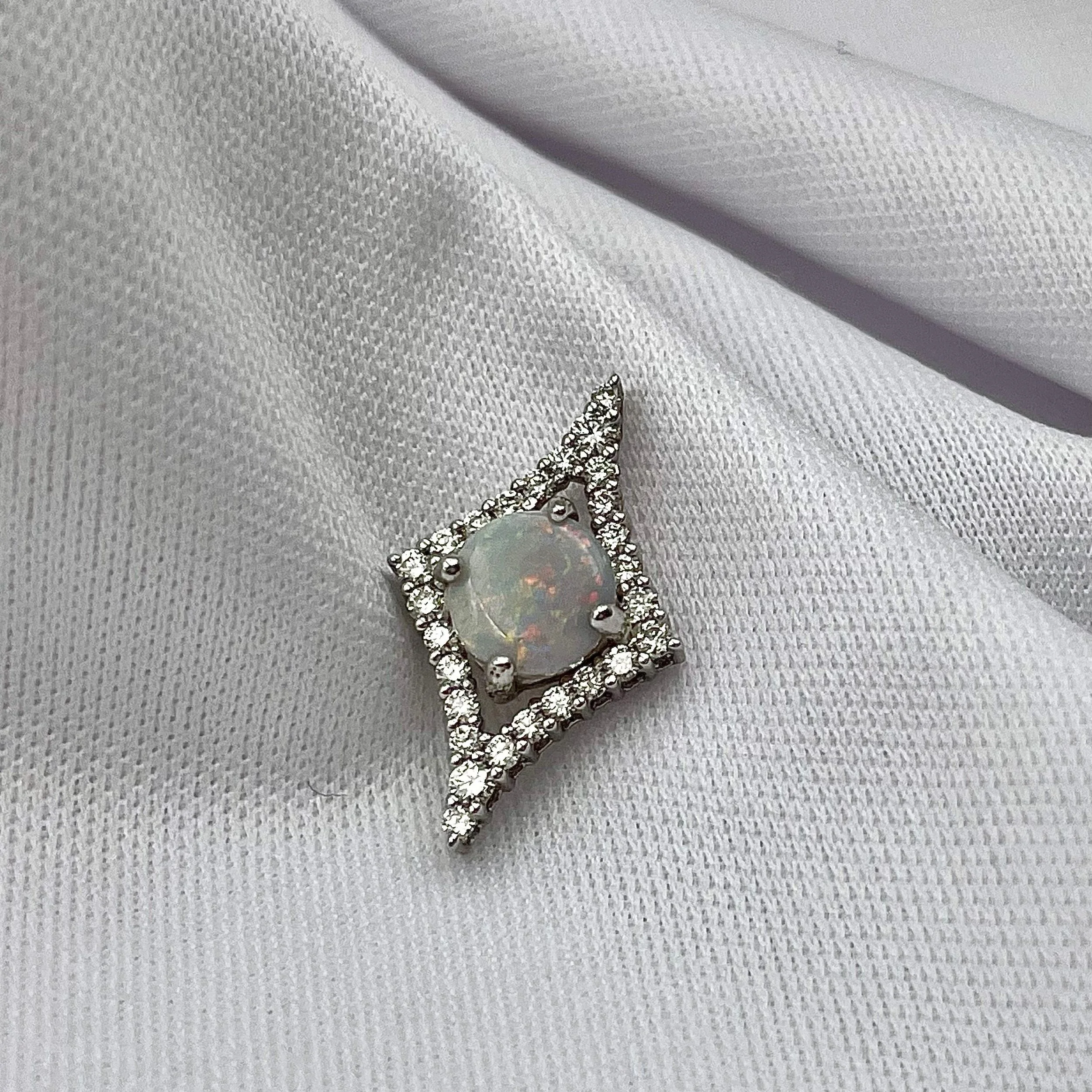6.0mm Round Opal With 1/4ctw A+ Diamond Accents 14k White Gold Ladies Pendant Necklace - Warren Jewelers