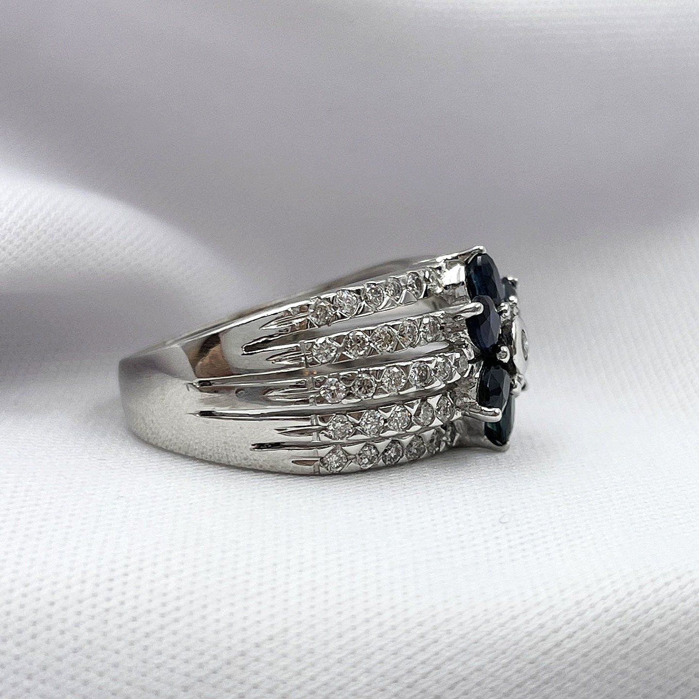 side view white background Floral Sapphire With 1.00ctw Diamonds 14k White Gold Ladies Ring
