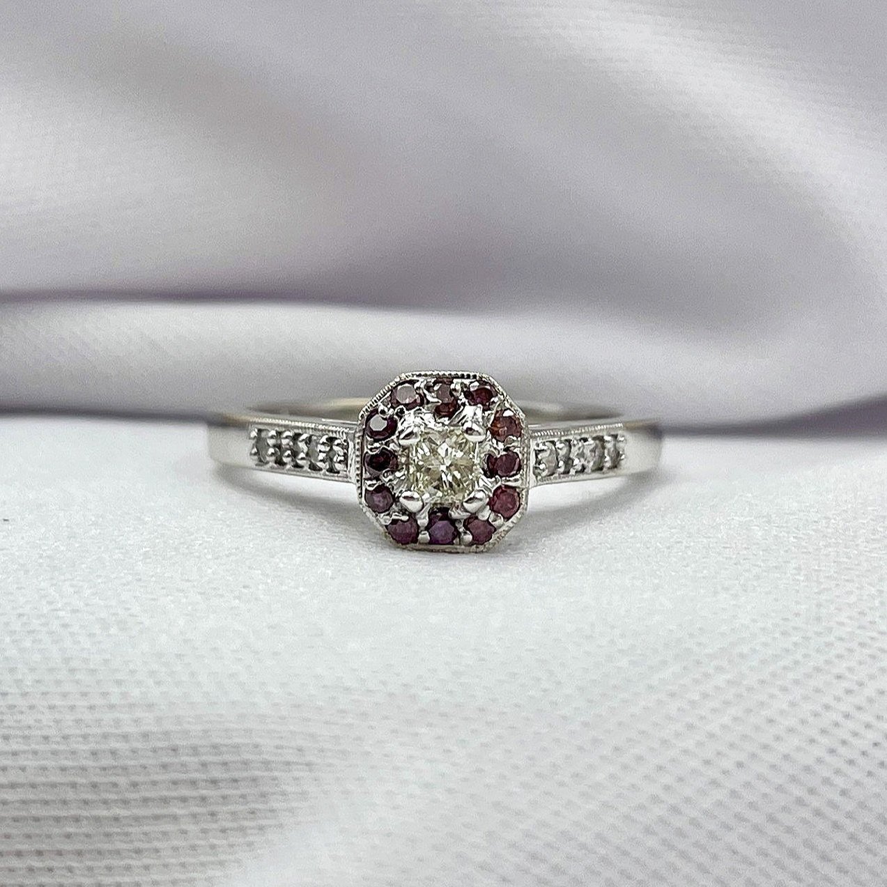 close up white background .16 Radiant Cut Diamond With Pink Diamond Halo Engagement Ring 14k White Gold