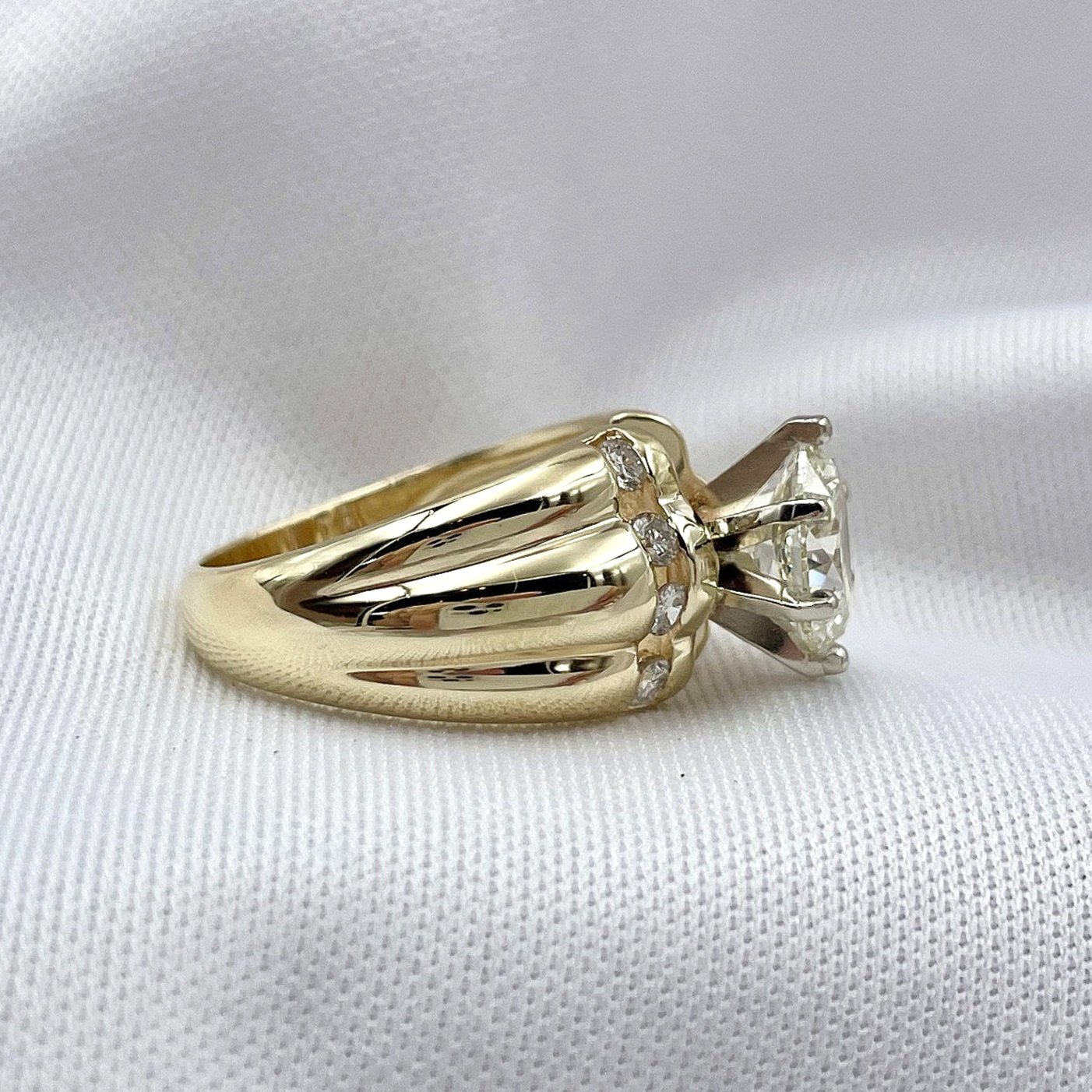 side view white background 1.45ctw Oval Diamond Unique Statement Engagement Ring 14k Yellow Gold