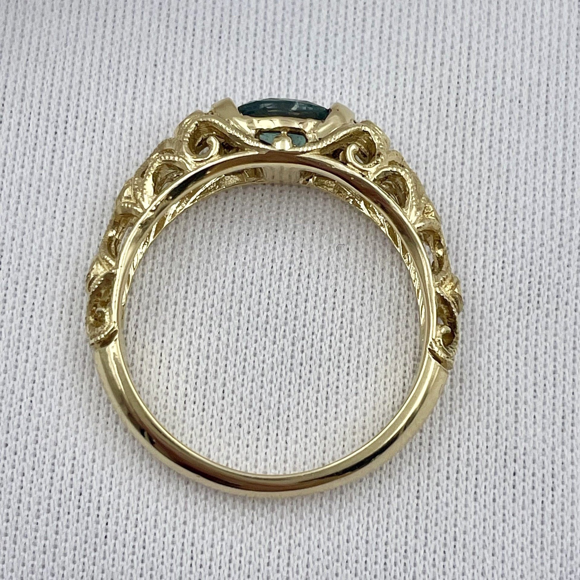 top down gallery view .66ct Oval Alexandrite With Diamond Accents Vintage Inspired Ring 14k Yellow Gold