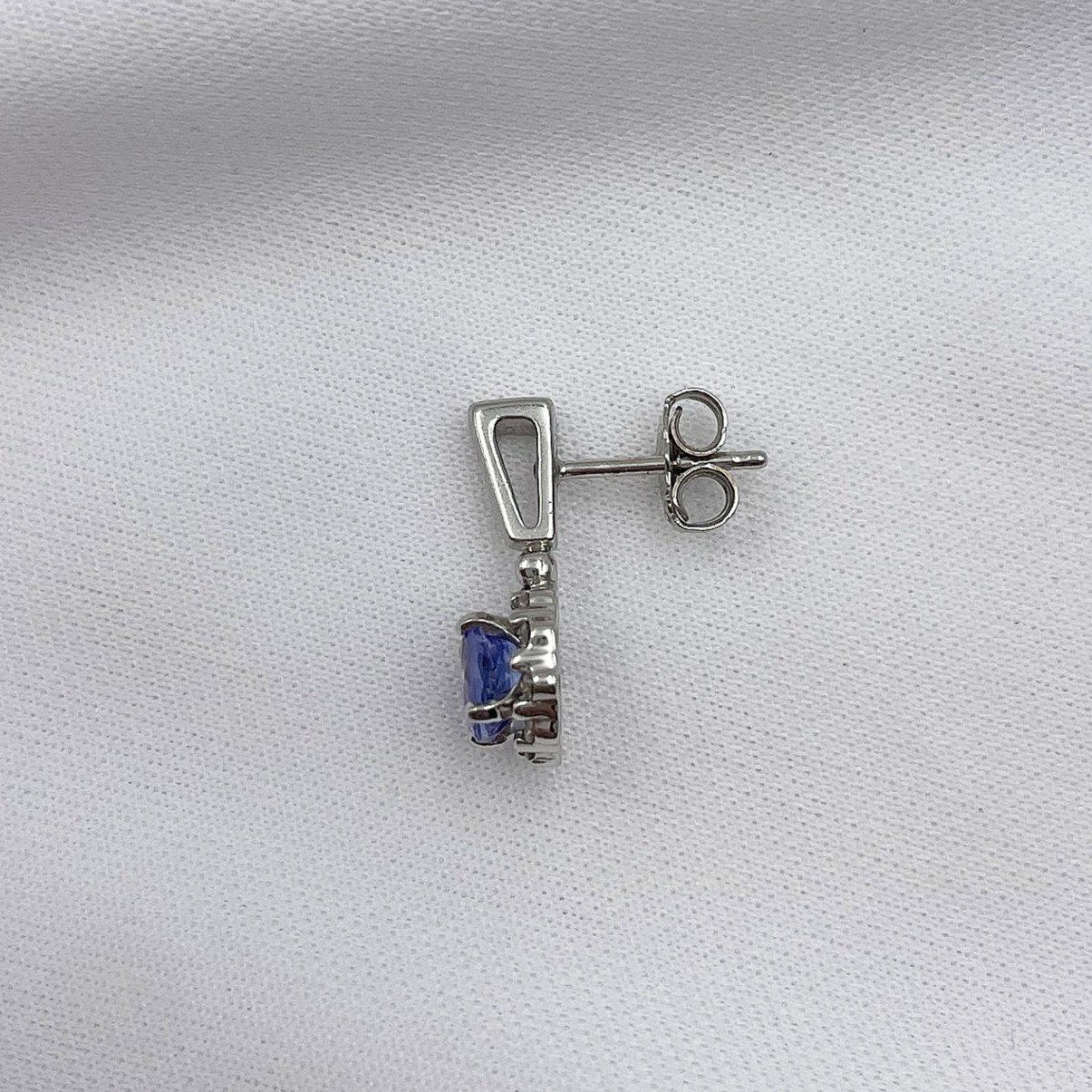 side view white background Tanzanite With Diamond Halo Drop Stud Earrings 14k White Gold