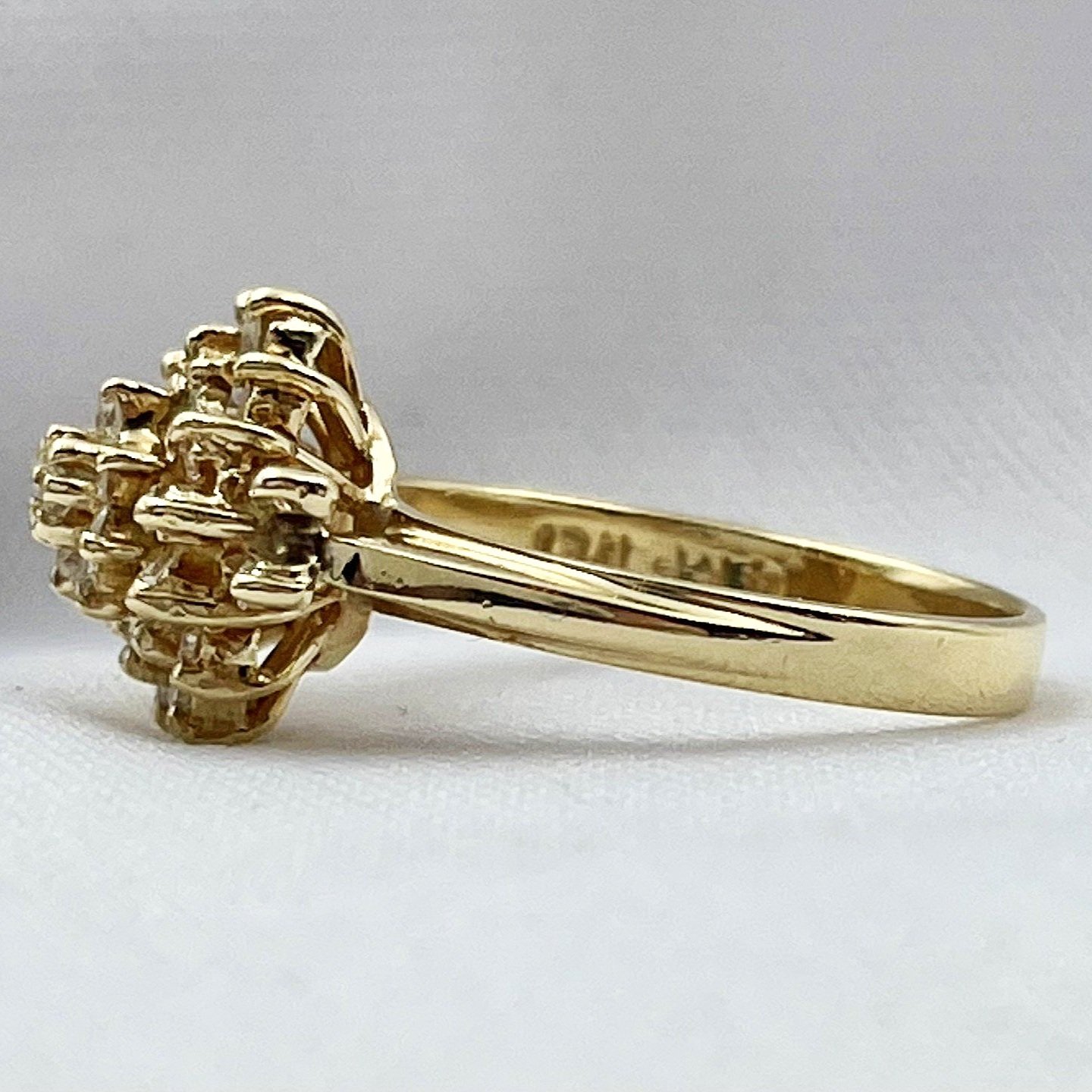 side view white background 1/3ctw A+ Quality Diamond Cluster Vintage Inspired Ladies Ring 14k Yellow Gold
