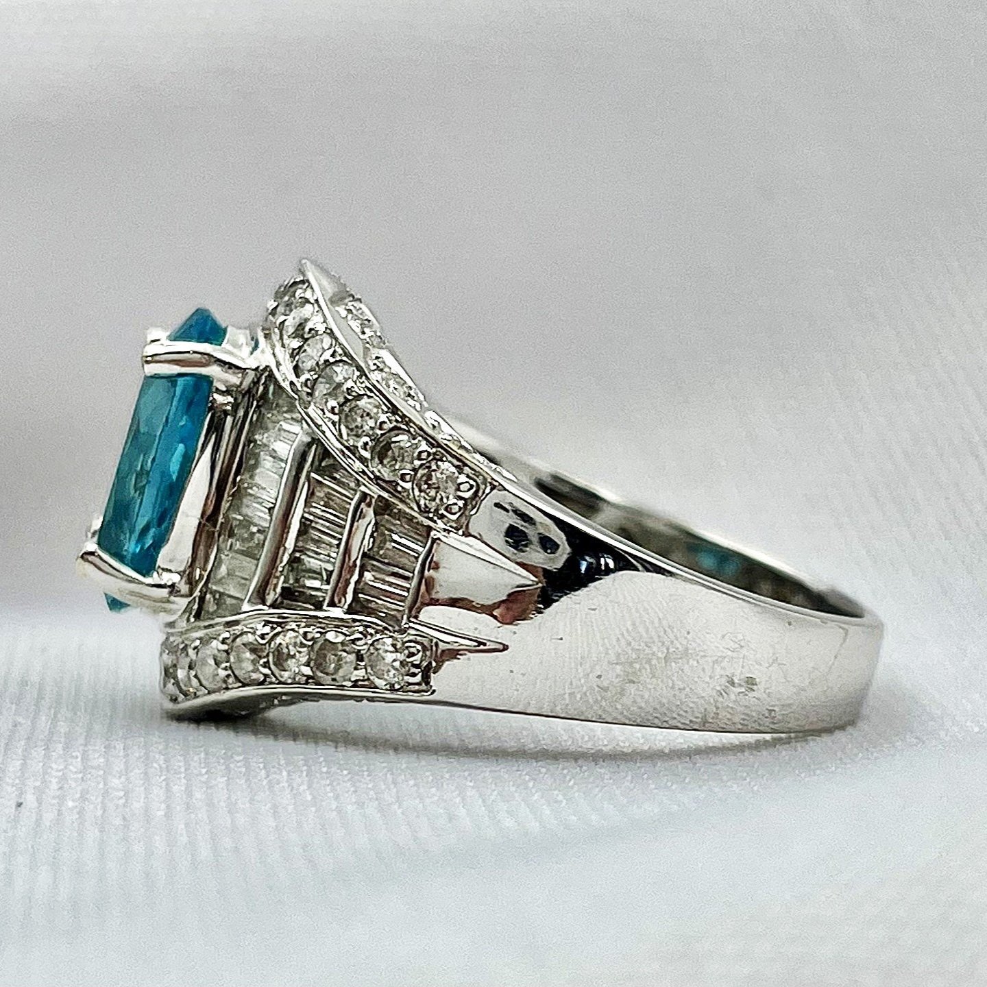 side view white background 14k White Gold Statement Ring Apatite And Diamond Ring