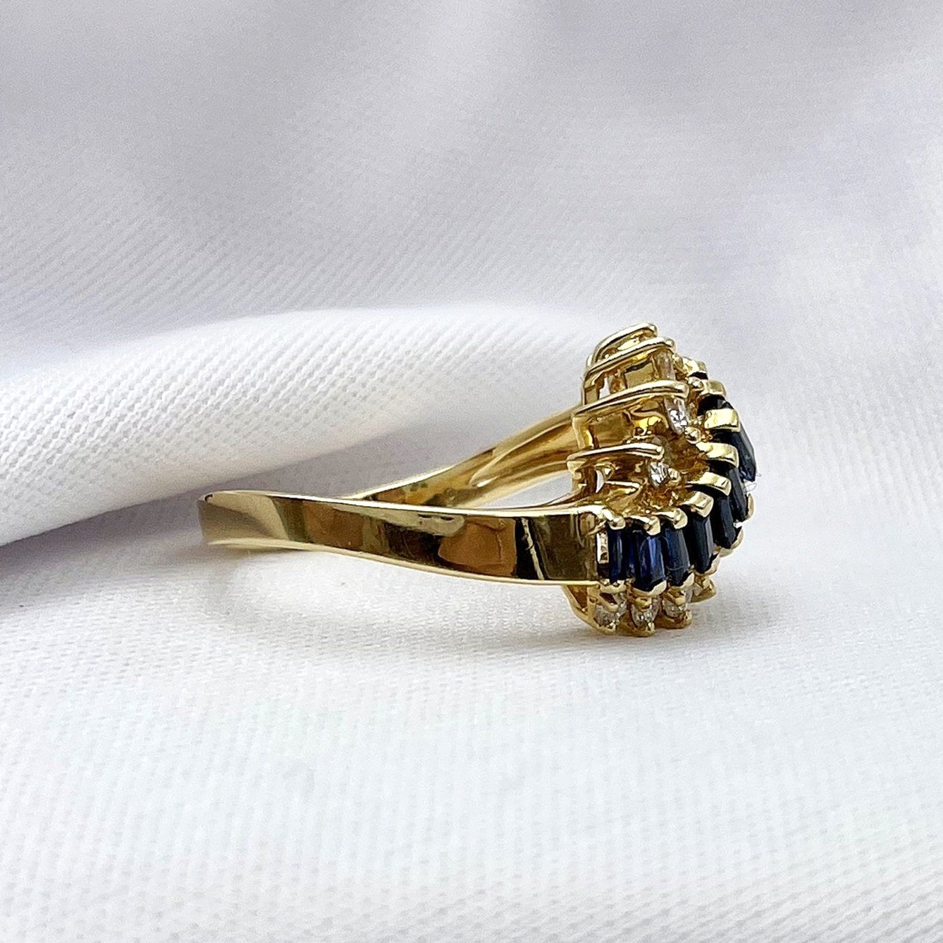 side view white background Unique Sapphire And Diamond 14k Yellow Gold Ladies Ring