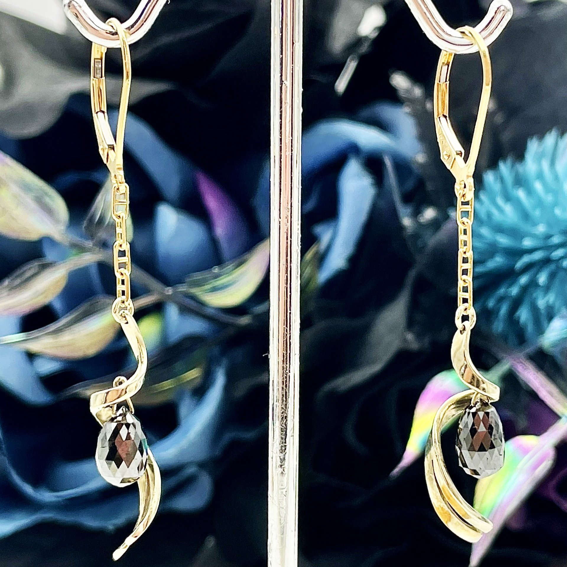 3.70ctw Black Diamond Briolette Dangle Earrings 14k Yellow and White Gold