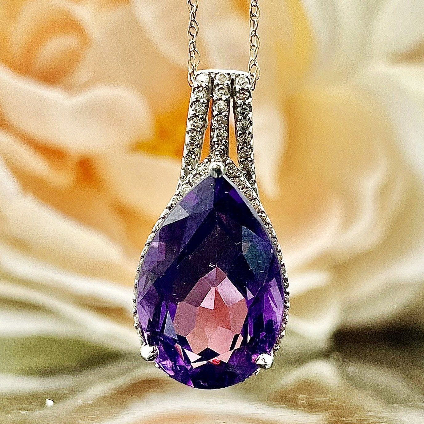 5.65ct Pear Cut Amethyst With .22ctw Diamond Accents And Halo Pendant 14k White Gold