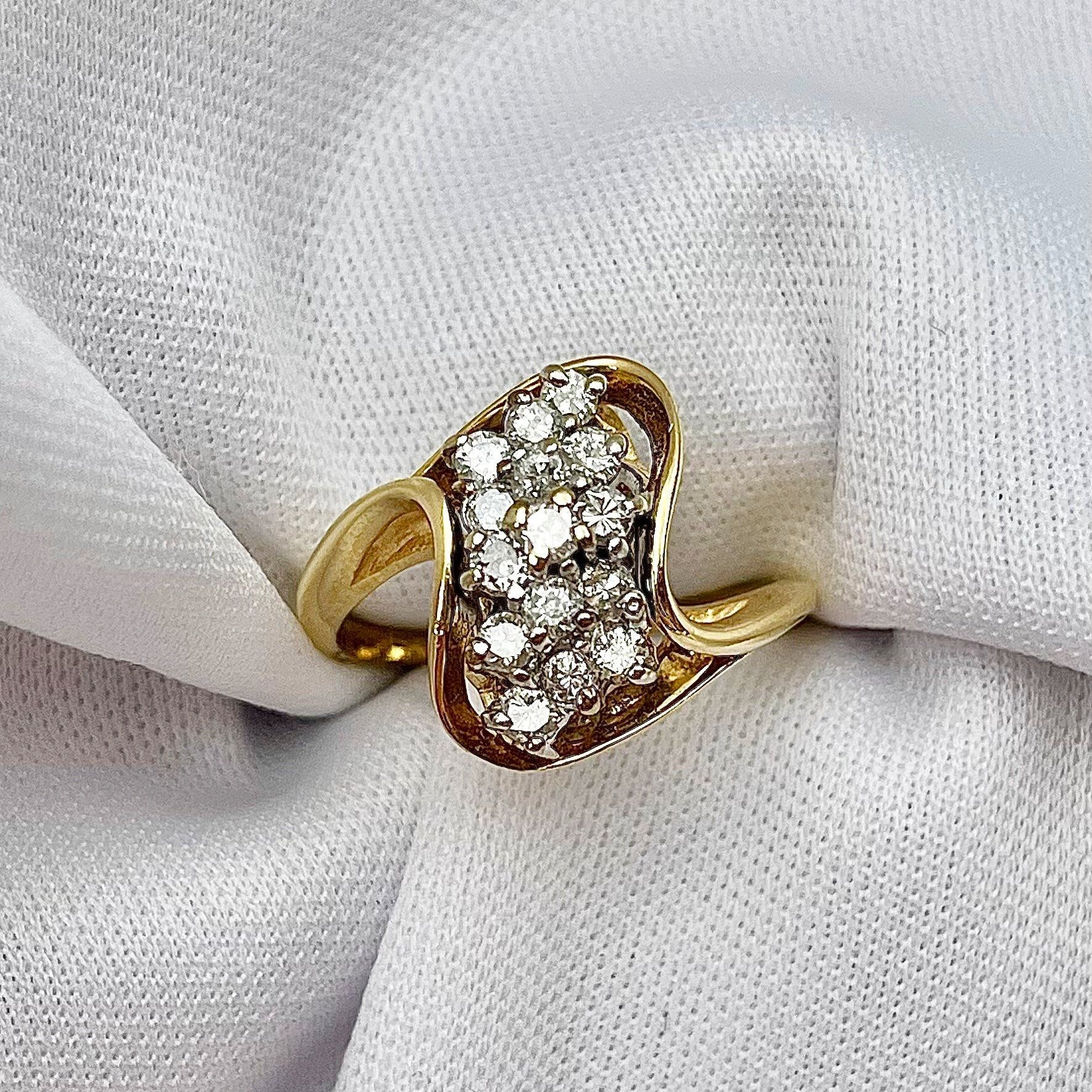 top down white background 1/2ctw Swirl Cluster Ladies Diamond Ring 14k Yellow Gold