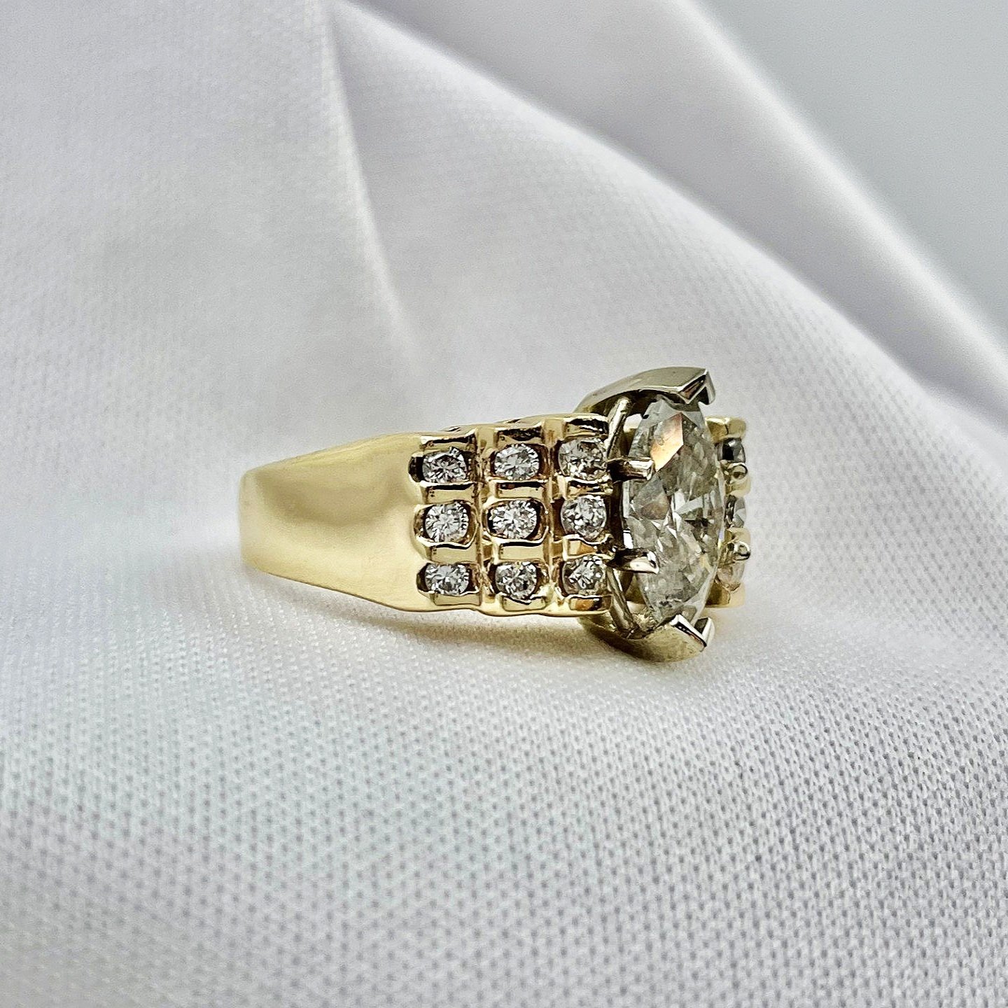 3/4 side view with white background 2.11ctw Marquise Diamond Statement Engagement Ring 14k Yellow Gold