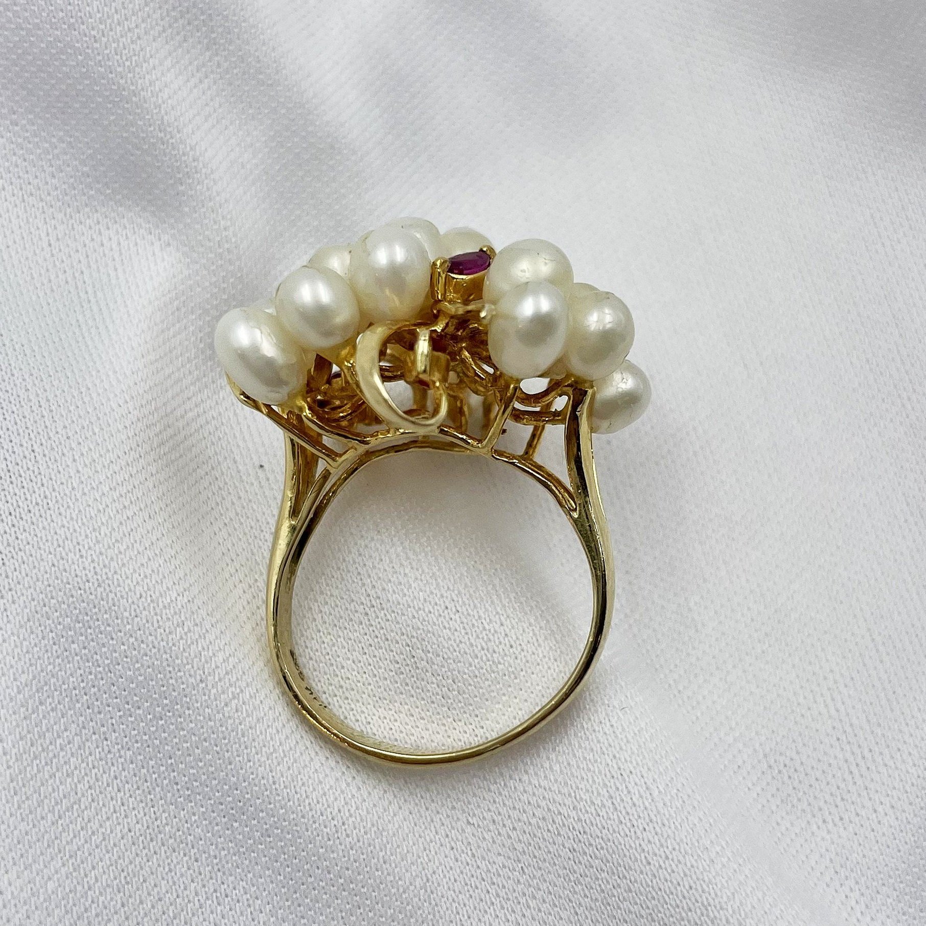 top down gallery view white background 14k Yellow Gold Freshwater Pearl Cluster Ring With Ruby And Diamond Accents