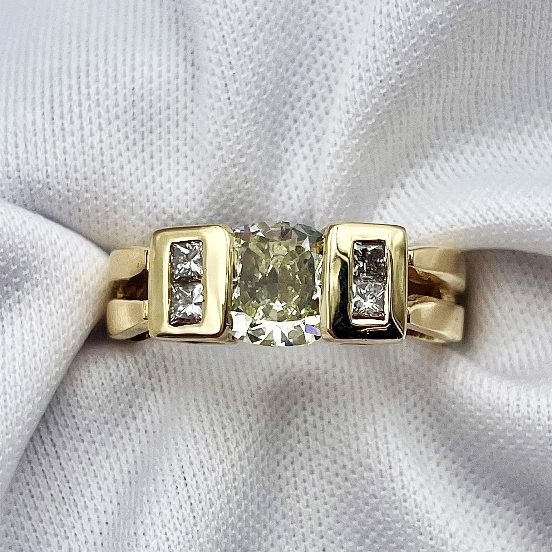 close up white background 1.24ct Cushion Diamond Engagement Ring 14k Yellow Gold