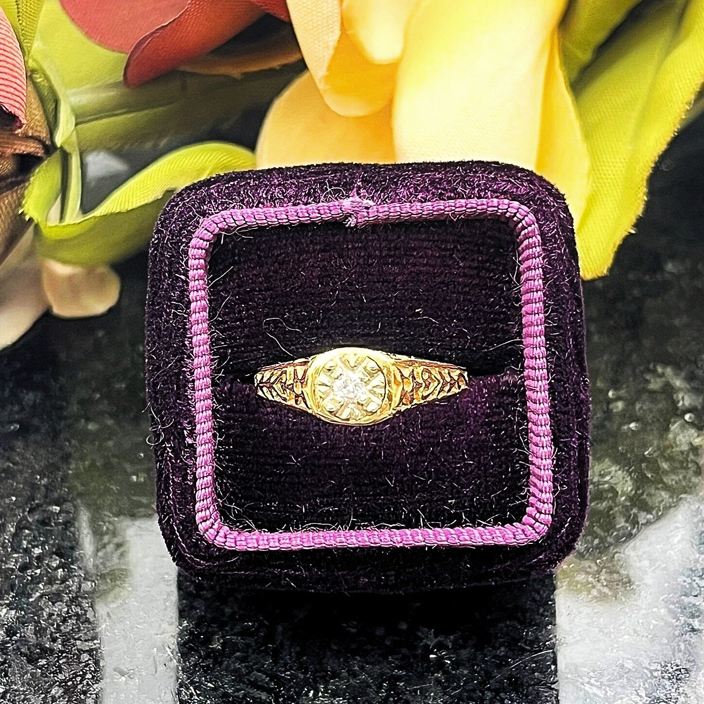 close up in velvet box .07ct European Cut Floral Estate Diamond Ring 14k Yellow Gold