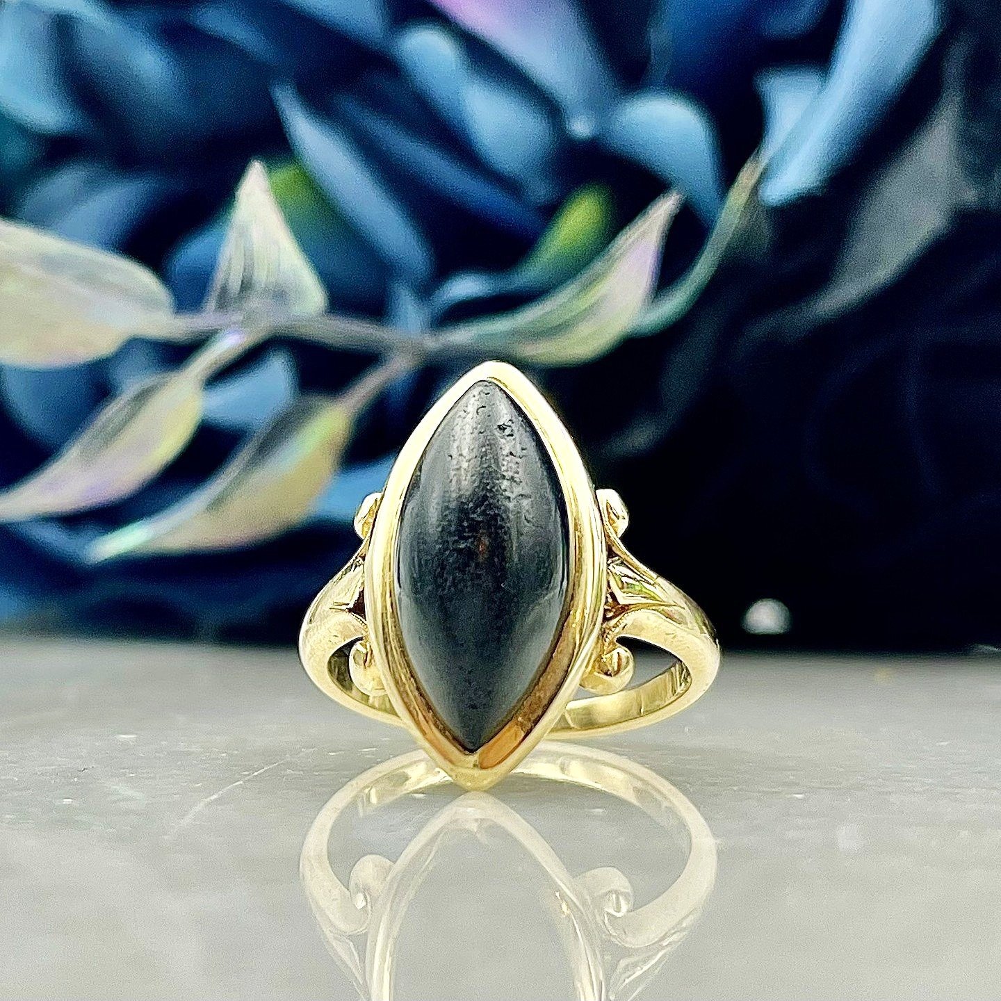 Estate 14k Yellow Gold Marquise Cut Black Coral Ladies Ring